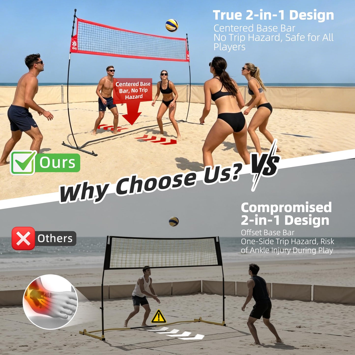 JOLORLY 2-in-1 Volleyball Practice Net Station with Patented 5-Height (6'6'' to 8'), Heavy Duty Training System for Hitting Spiking Serving, Backyard Indoor Outdoor Trainer Equipment (12x11 ft Red)