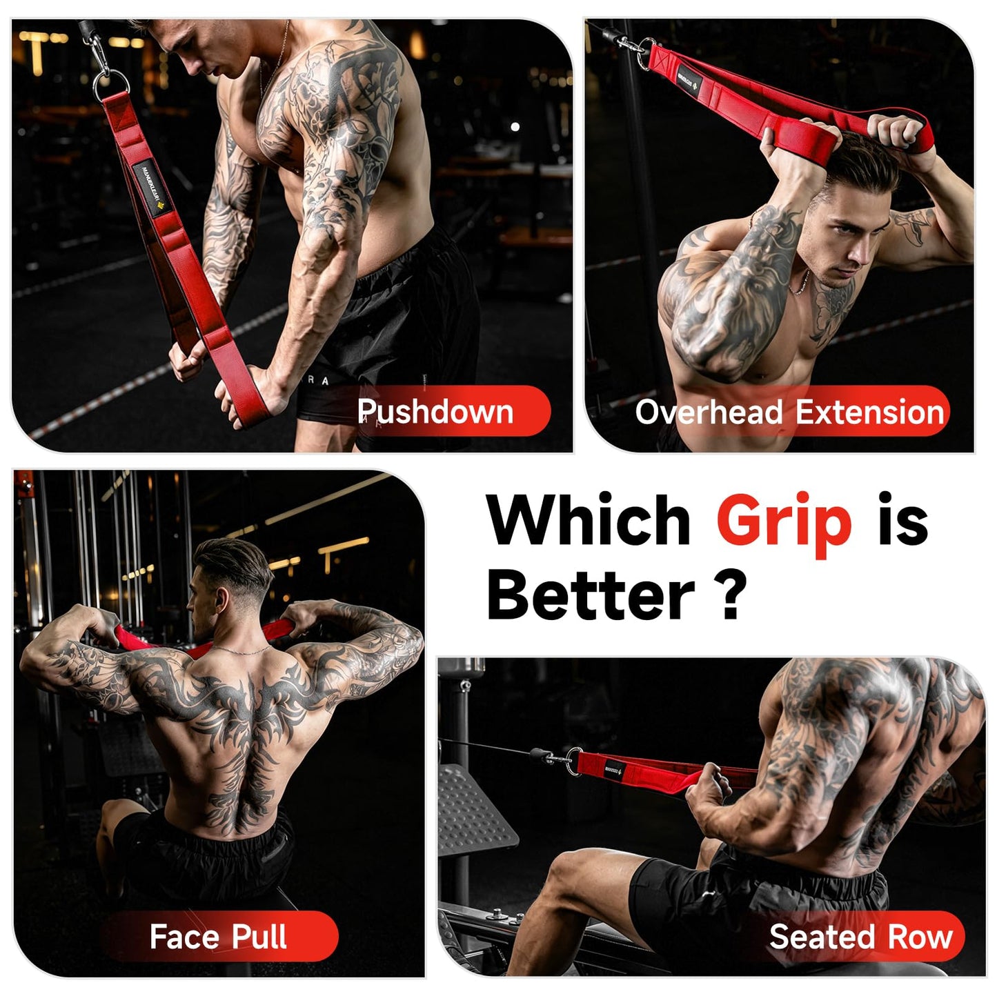 MANUEKLEAR Tricep Rope Cable Attachment Handles, Greater Range of Motion, Tricep Pull Down Rope for Push Downs, Crunches, Facepulls for Professional Gym (Red)