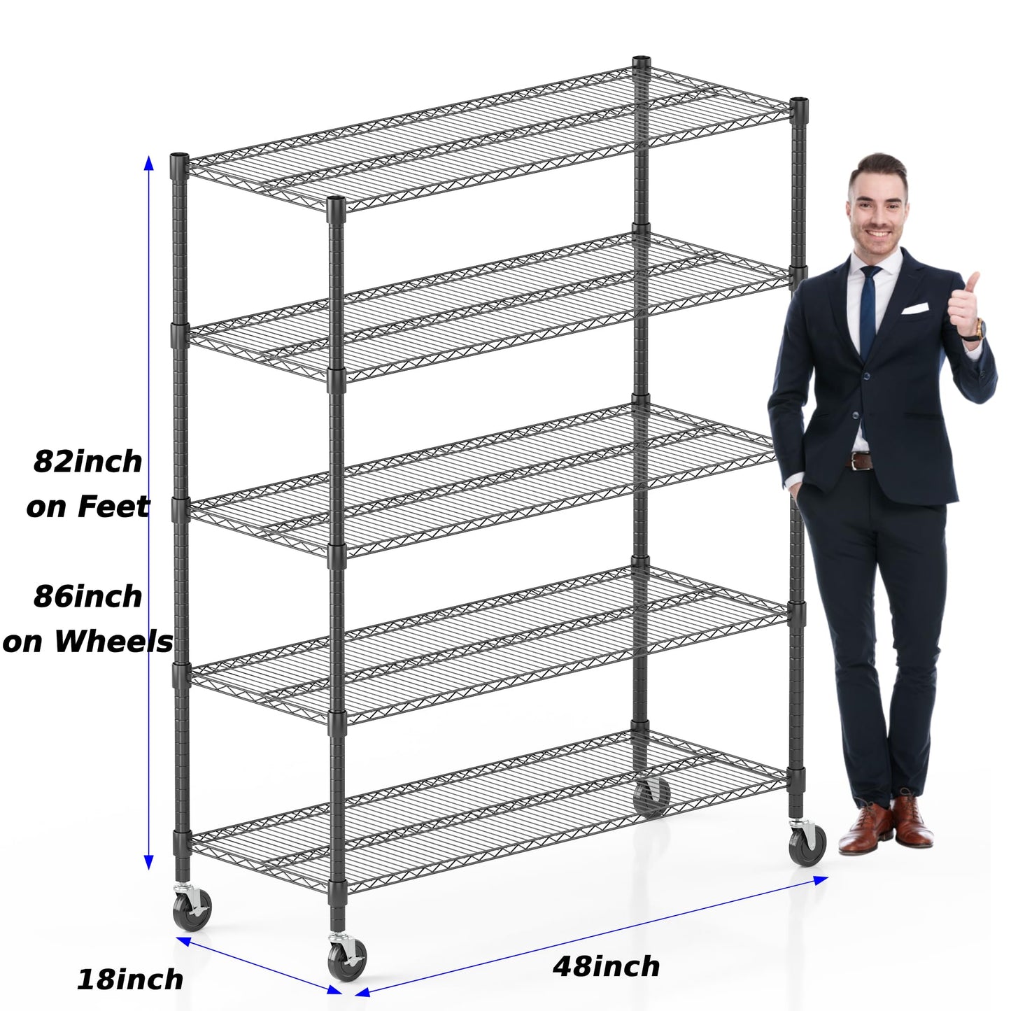 Homdox Heavy Duty Storage Shelves, 5 Tier Wire Shelving Unit with Wheels, Commercial Adjustable Metal Shelves for Storage, Garage Rack Pantry Shelves Kitchen Shelving, 18"x48"x82", Black