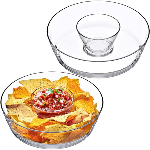Amazing Abby - Charlie - 2-Pack Plastic Chip and Dip Bowl, Clear Serving Platter, Unbreakable Party Appetizer Tray, BPA-Free, Dishwasher-Safe, Great for Chips, Salsa, Veggies, Snacks, and More