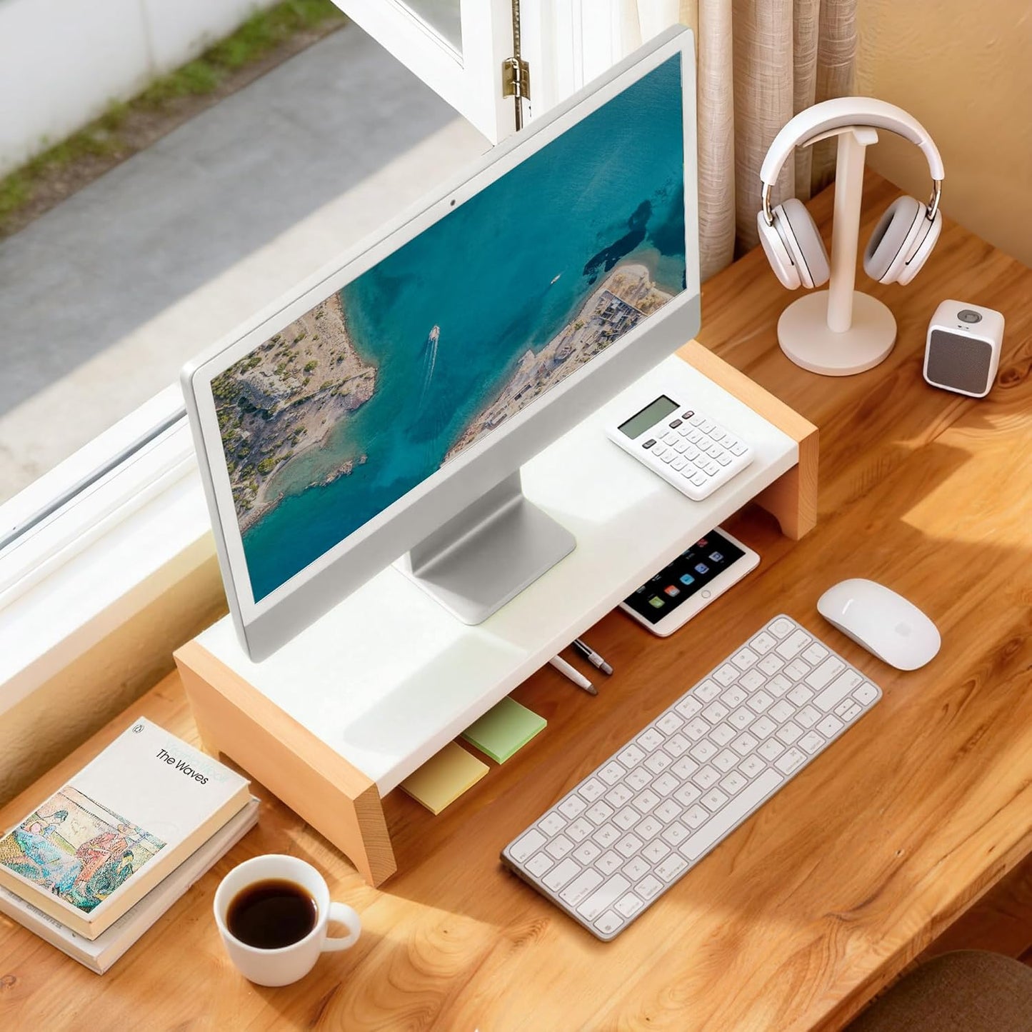 40LB ARCOBIS Monitor Stand Riser, White Metal & Wood Computer Monitor Stand Riser for Desk, Max Load Capacity