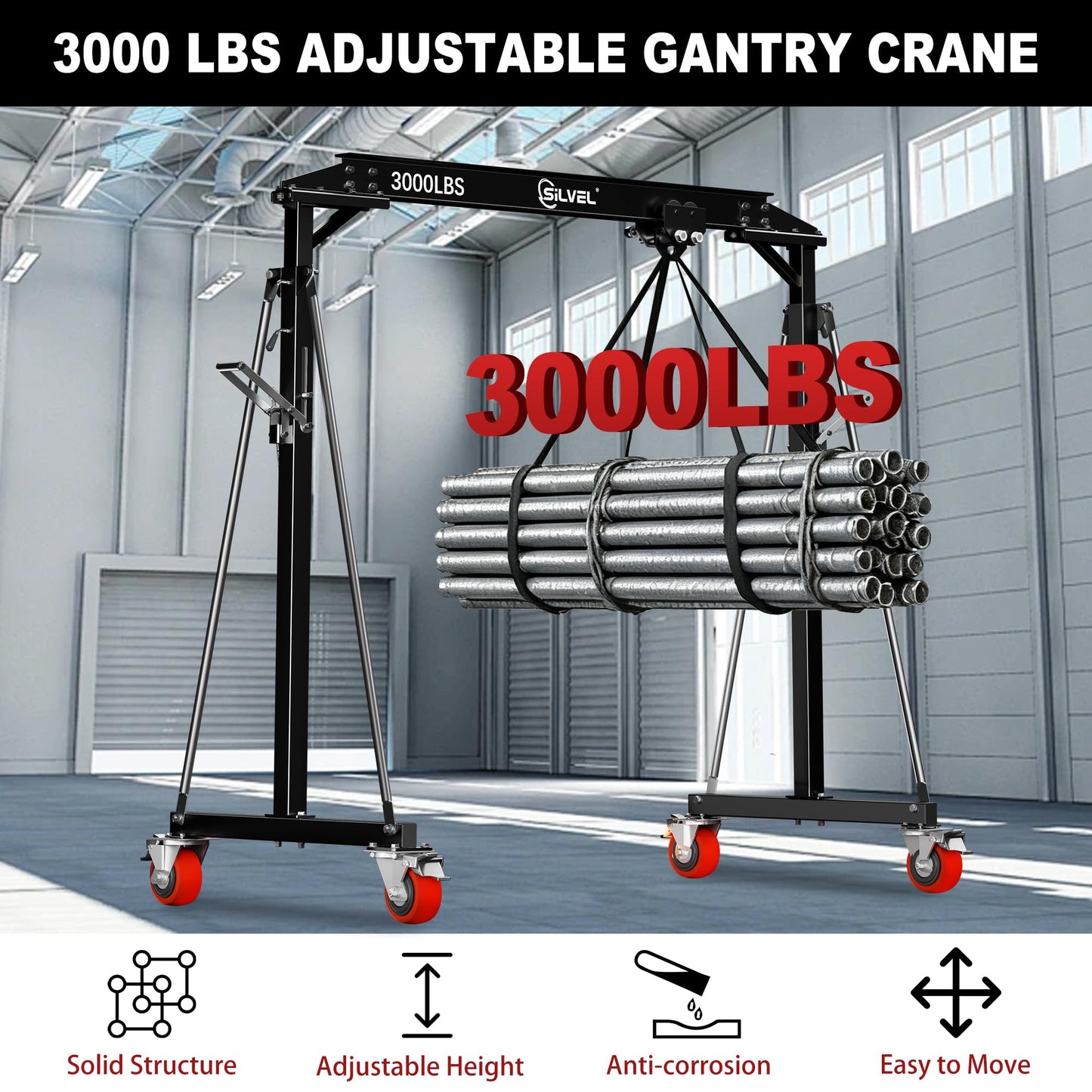 SILVEL Gantry Crane 1 Ton MAX3000LBS, Adjustable Height 8.53 to 12.47ft with Triangle Base, Portable I-Beam Hoist for Factory, Warehouse, Auto Repair & Construction, Black