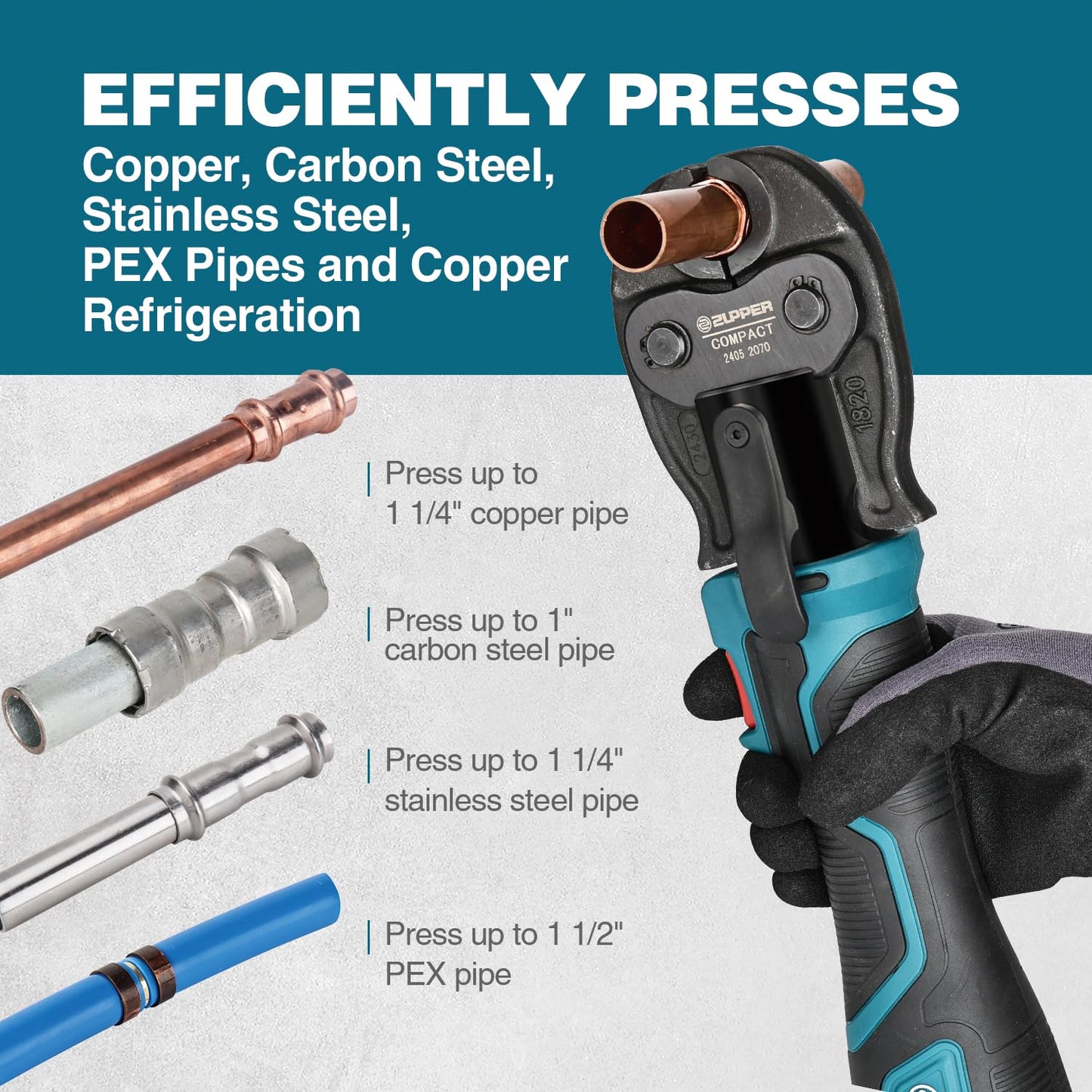 ZUPPER Press Tool, 18V Electric Pipe Crimping Tool for 1/2", 3/4", 1" Copper Pipes, Compact Press Tool Kit Suitable for Copper ProPress fittings - with Brushless Motor, 3 VUS Press Jaws, 2pcs Battery