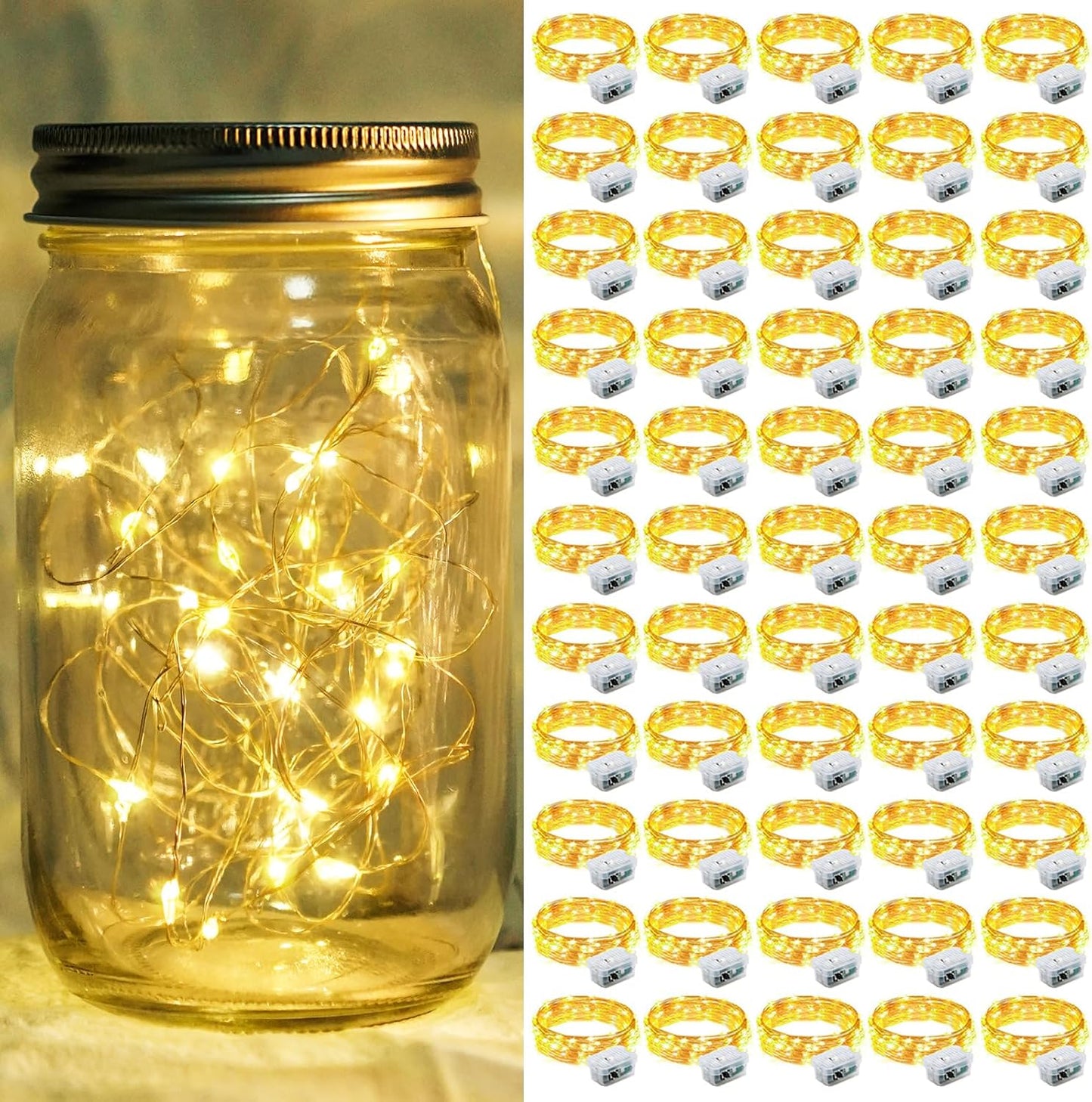 Skiennix 50-Pack Fairy Lights - 7Ft 20 LED Twinkle String Lights | Battery Operated & Waterproof for Weddings, Parties, and Home Decor - Warm White