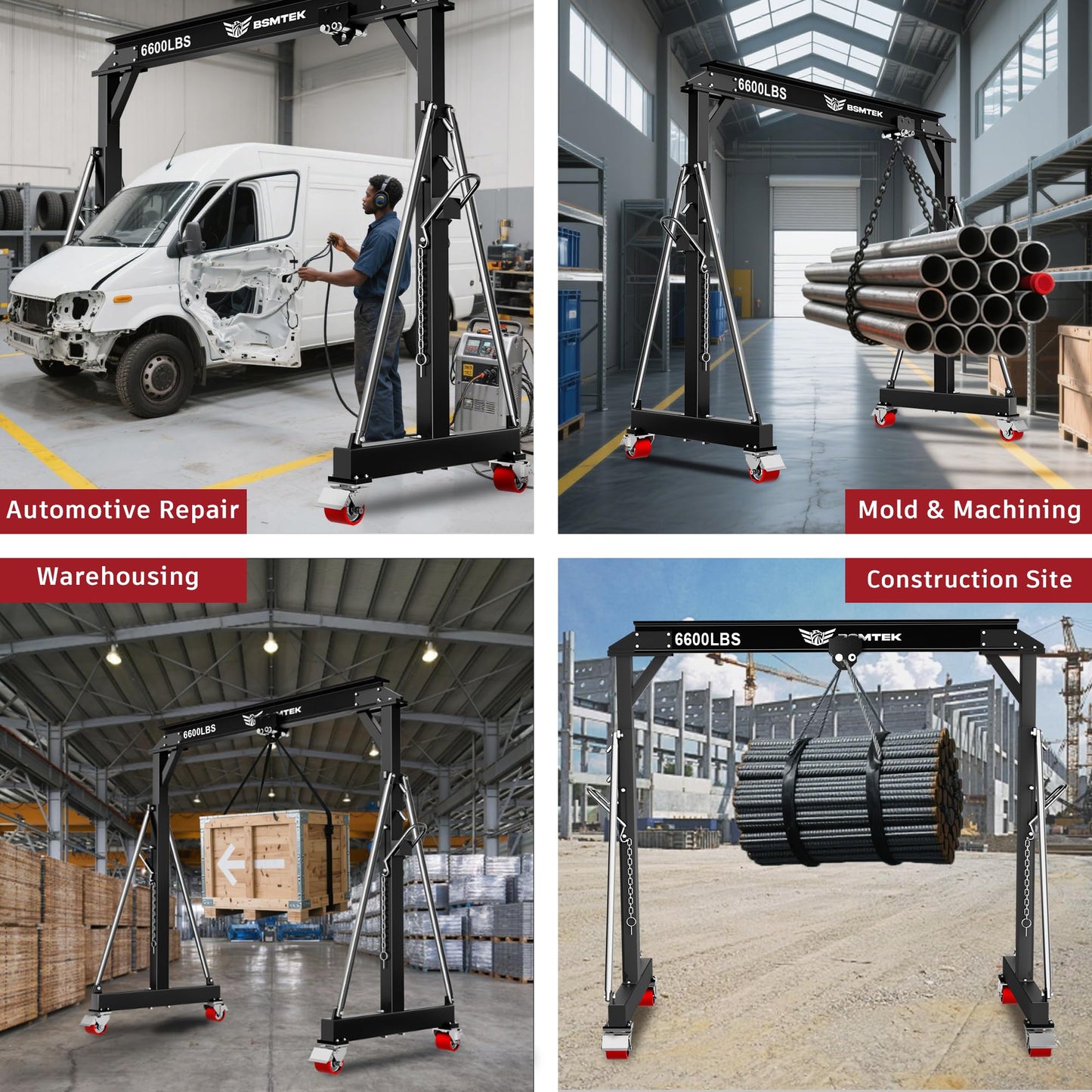 3 Ton MAX 6600LBS Gantry Crane, Adjustable Height (8.53-12.47 FT), Width (9.06 FT, Available 8.53FT), Steel I-Beam Construction, Portable Shop Hoist for Factories, Warehouses