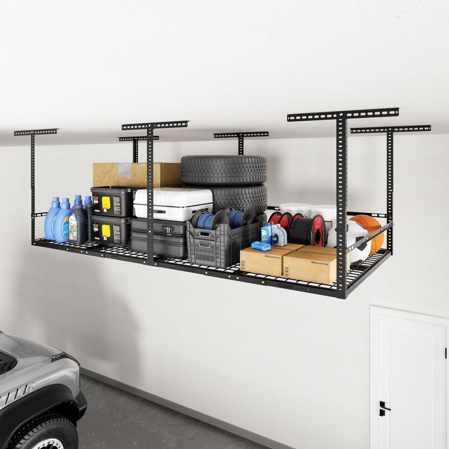 FLEXIMOUNTS 4x8 Overhead Garage Storage Rack with Safety Rails, Adjustable Ceiling Storage System, Heavy Duty Metal Garage Shelf, 750 lbs Capacity, 22–40" Height, Black, Classic Series