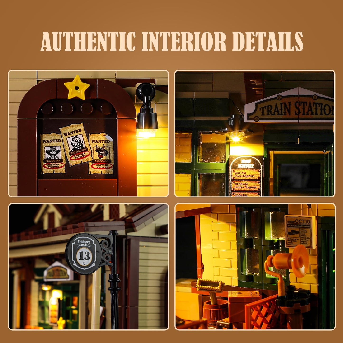 FUNWHOLE Wild West Train Station Lighting Building-Bricks Set - 1975 Pcs Collectible Train Playset for Adults and Teens