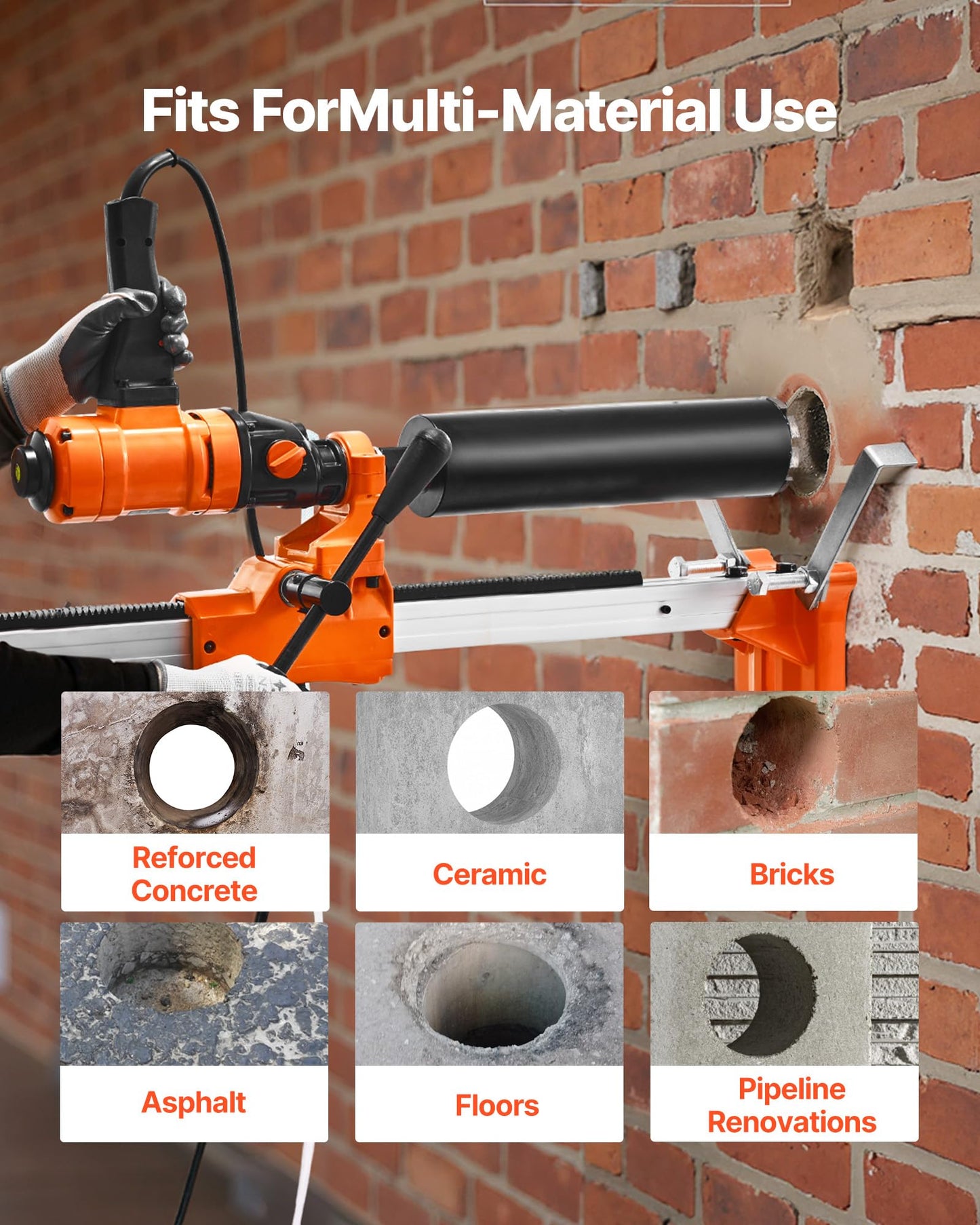 VEVOR Diamond Core Drilling Machine, 8 in Drilling Diameter, 2-in-1 Handheld & Stand-Mount Dry and Wet Concrete Core Drill Rig with 4 Drill Bits, 1075/2300 RPM 2-Speed, for Concrete Brick Stone, 1800W