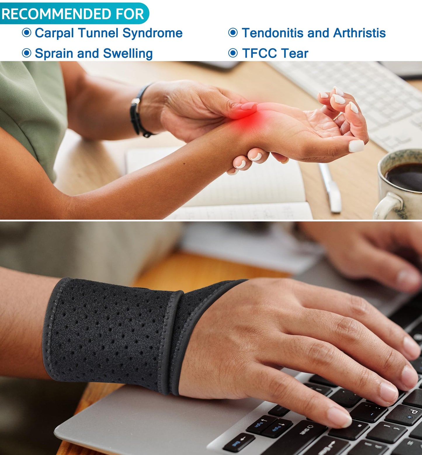 HiRui Breathable Wrist Brace (2 Pack) for Relieve Wrist Pain from Carpal Tunnel, Arthritis, Tendonitis, Sprain, TFCC | Adjustable Wrist Wraps Support for Weightlifting, Tennis - Fits All (Black)