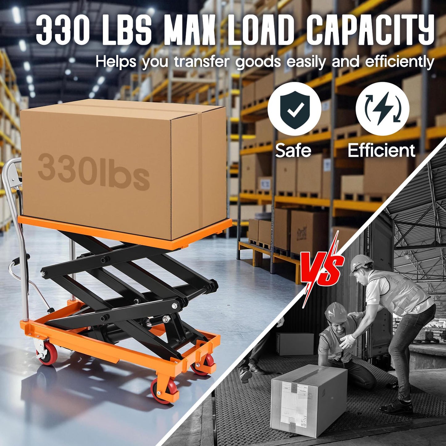 Specraft 330 lbs Hydraulic Lift Cart, Double Scissor Lift Table Up to 50", 4-Wheel Material Handling Platform with Non-Slip Pad, Orange