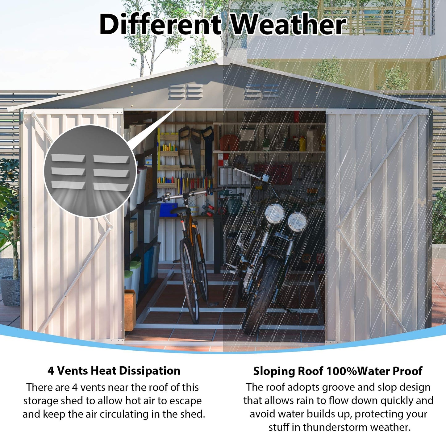10'x14' Galvanized Steel Outdoor Storage Shed with 3 Lockable Hinged Doors & Side Access Door, 4 Top Air Vents & Built-in Raised Floor Frame, Large Garden Tool Shed, Gray