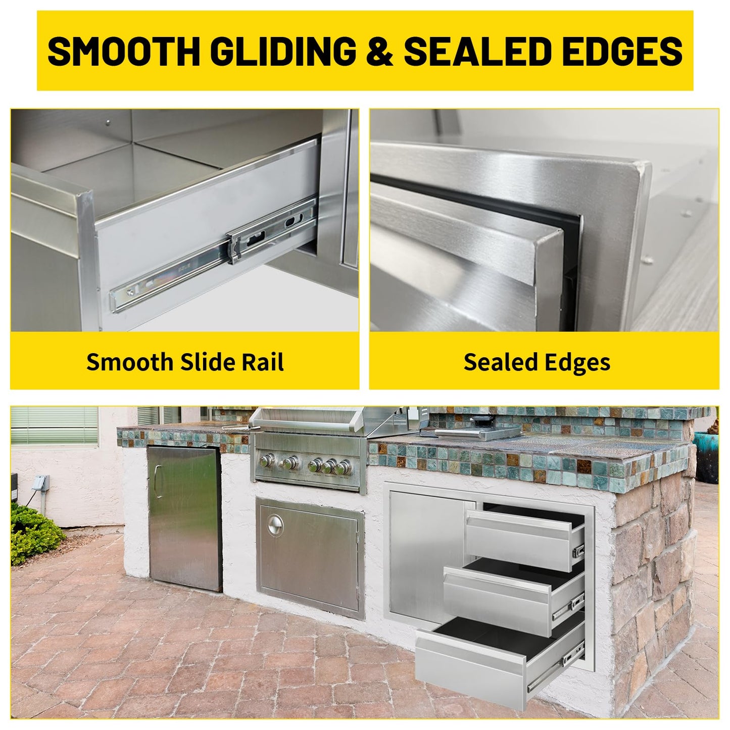 SGOLAN Outdoor Kitchen Door Drawer Combo Cabinet 38.1W x 22.6H x 20.8D BBQ Access Door&Triple Drawers Combo, Stainless Steel Handles for Outdoor Kitchen Island