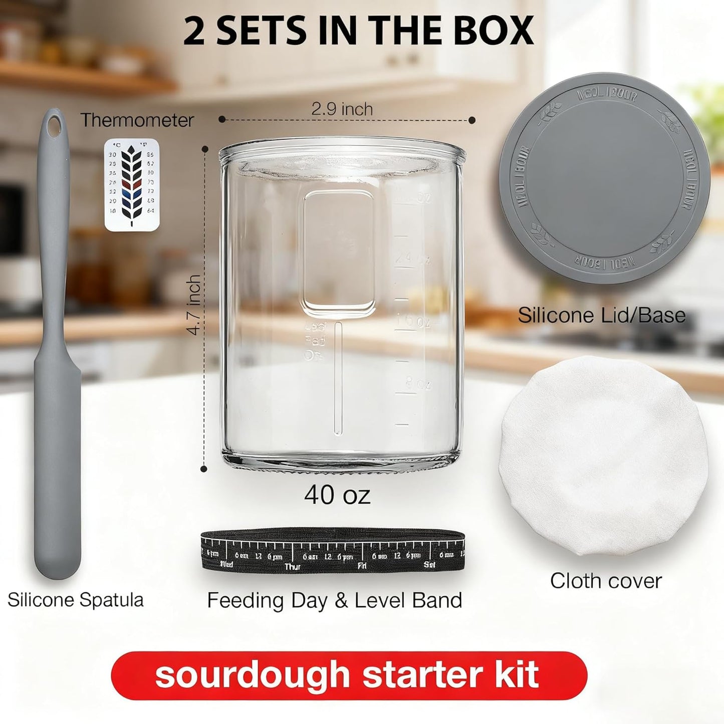 Skiennix Premium Pro Sourdough Starter Jar Kit - 40oz Wide Mouth Glass Container with Thermometer & Silicone Lid