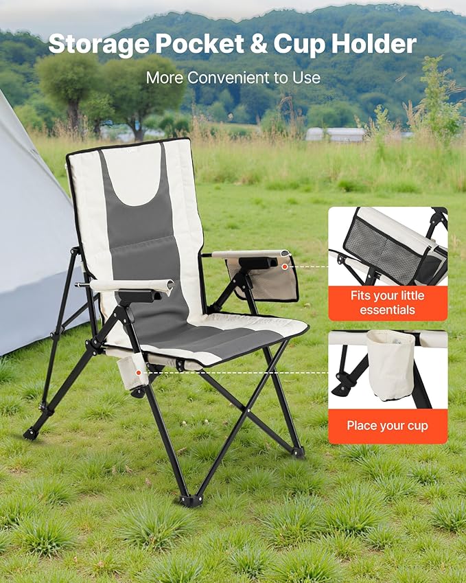 VEVOR Folding Camping Chair, 3 Reclining Positions, Outdoor High Back Camping Chair, 260lbs Weight Capacity, Full Padded Beach Chairs with Armrest & Headrest, Portable Lawn Chairs for Sports Travel