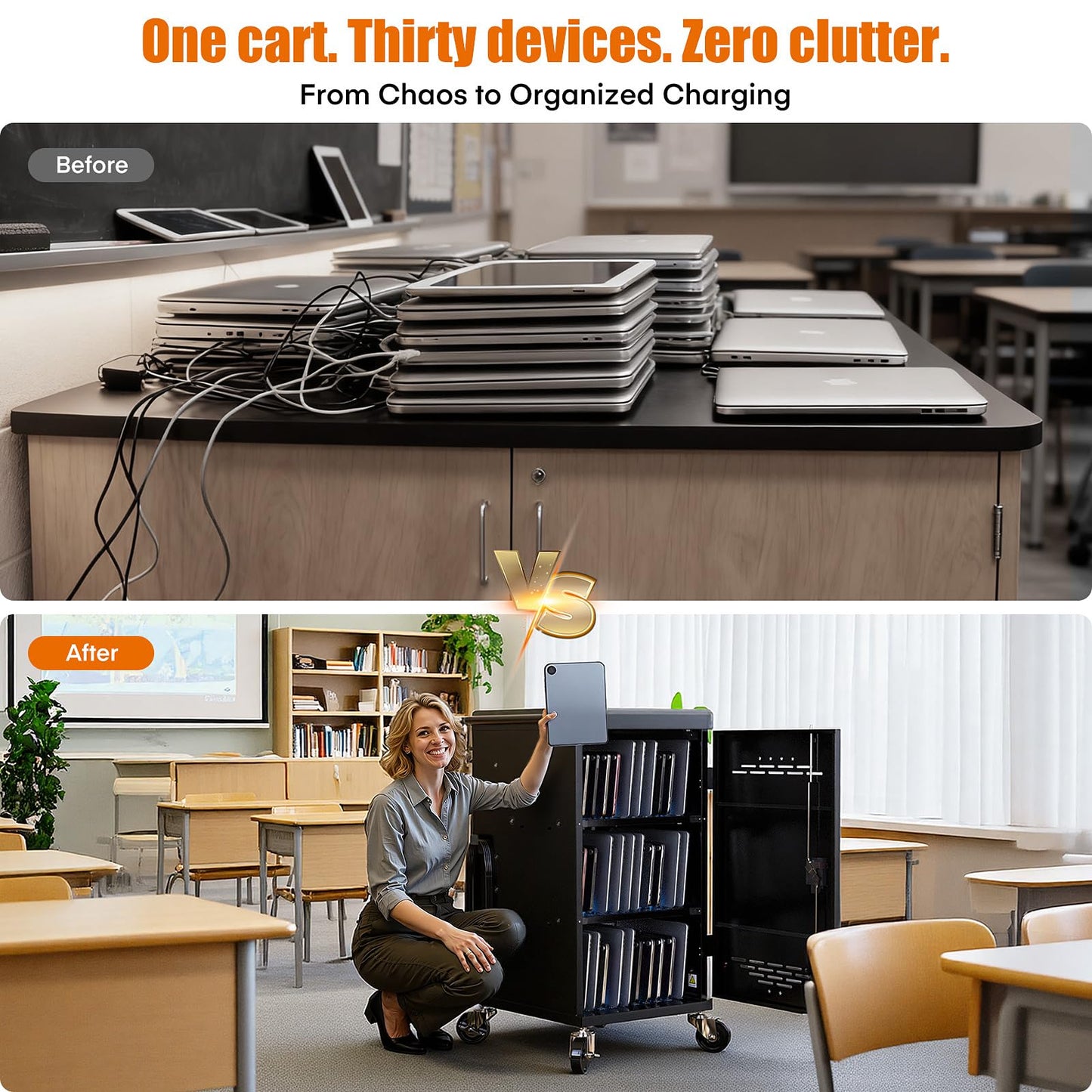 Metateel 30-Device Charging Cart for Chromebook, iPad & Laptops up to 14" – Laptop and Tablet Storage Cart with Cable Management, Circuit Breaker & Grounding Protection, Black (Assembly Required)