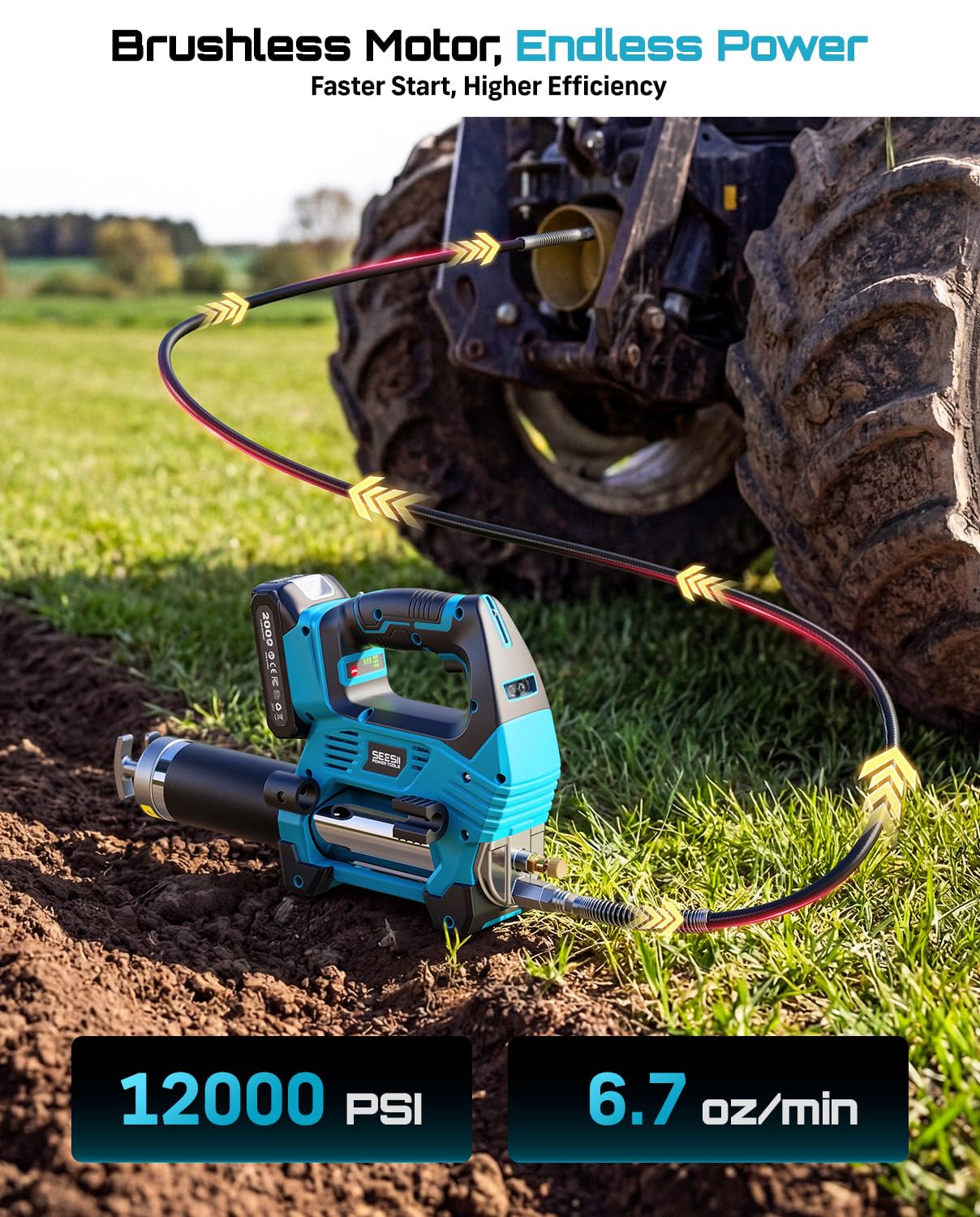 Seesii 12000PSI Electric Grease Gun: 3 Speed Control Battery Powered Grease Gun Cordless with 2 Batteries, Brushless Motor, 39.4” Long Hose, 90 Degree Coupler & LED Light for Heavy Duty Equipment