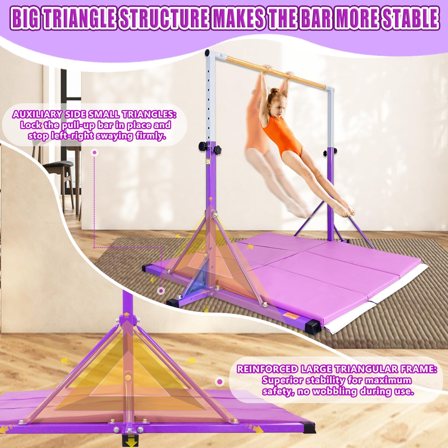 FC FUNCHEER Gymnastics Bar for Kids Ages 3-15, 35" to 60" Adjustable Height, 4FT Wide Base - Professional Kip Bar with 360° Stability & Fiberglass Crossbar, Easy Fold&Solid Design for Home Training