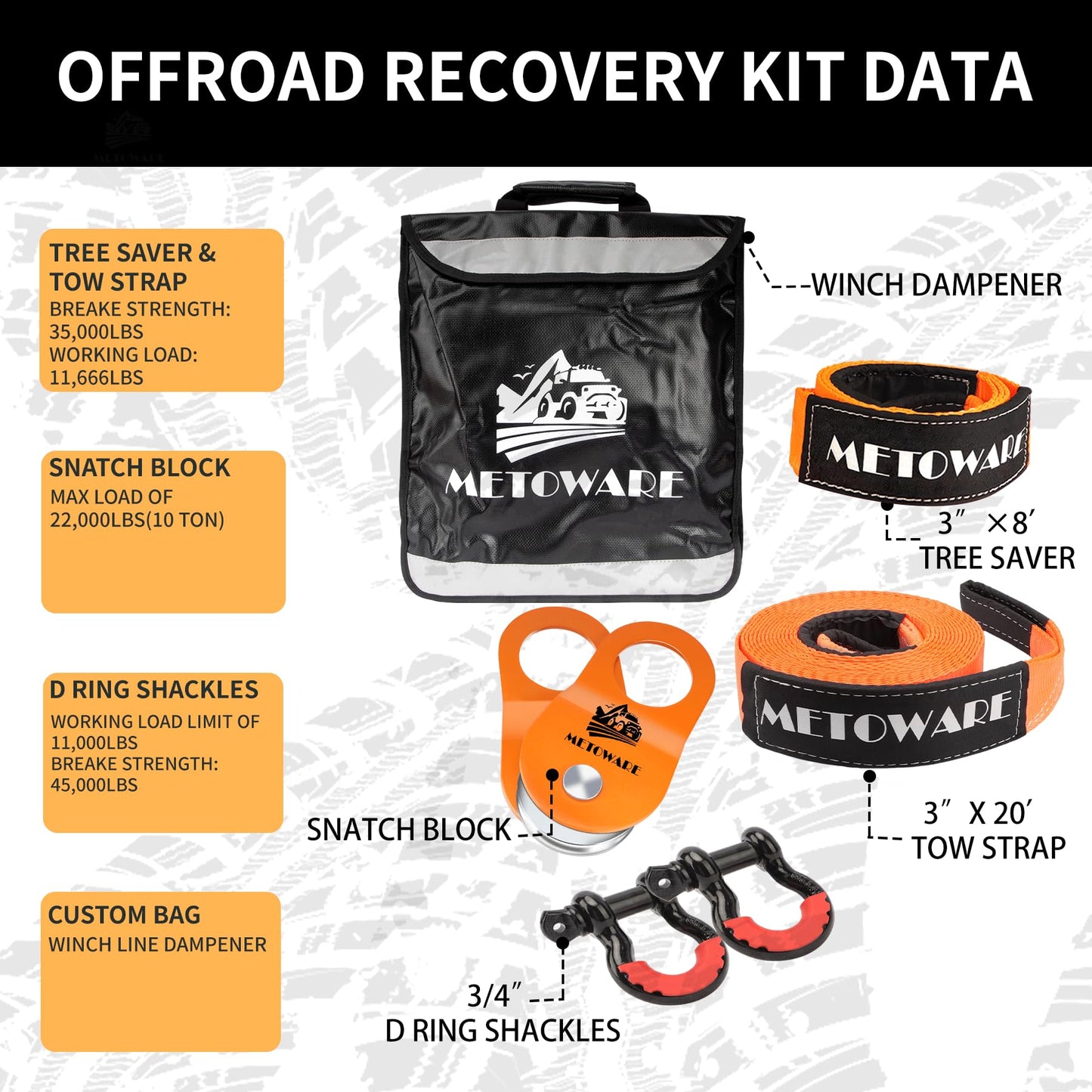 METOWARE Offroad Recovery Kit - 3" x8' Tree Saver, 3" x20' Tow Strap, 10 Ton Heavy Duty Snatch Block Pulley, 2pk 3/4" D Ring Shackles and Winch Line Dampener Bag