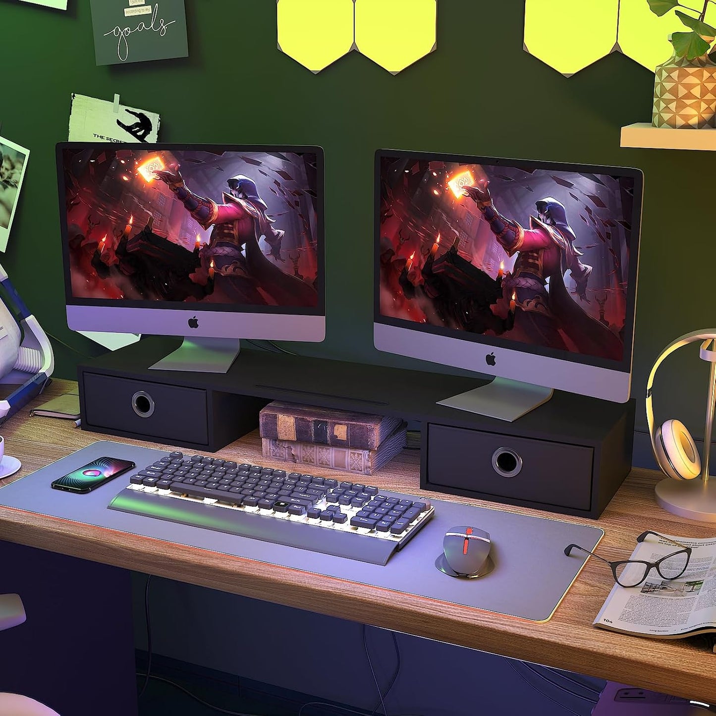 2 WESTREE Dual Monitor Stand Riser with Two Drawers, Extra Large Storage Monitor Stand for Monitors, Desktop Oraganizer