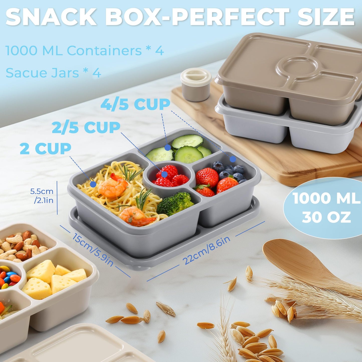 Bento Snack Box Containers, Reusable Meal Prep Lunch Containers for Adults Kids, Stackable Bento Snack Box 4 Pack, Divided Lunchable Food Storage Containers with Sauce Container, Modern Grey