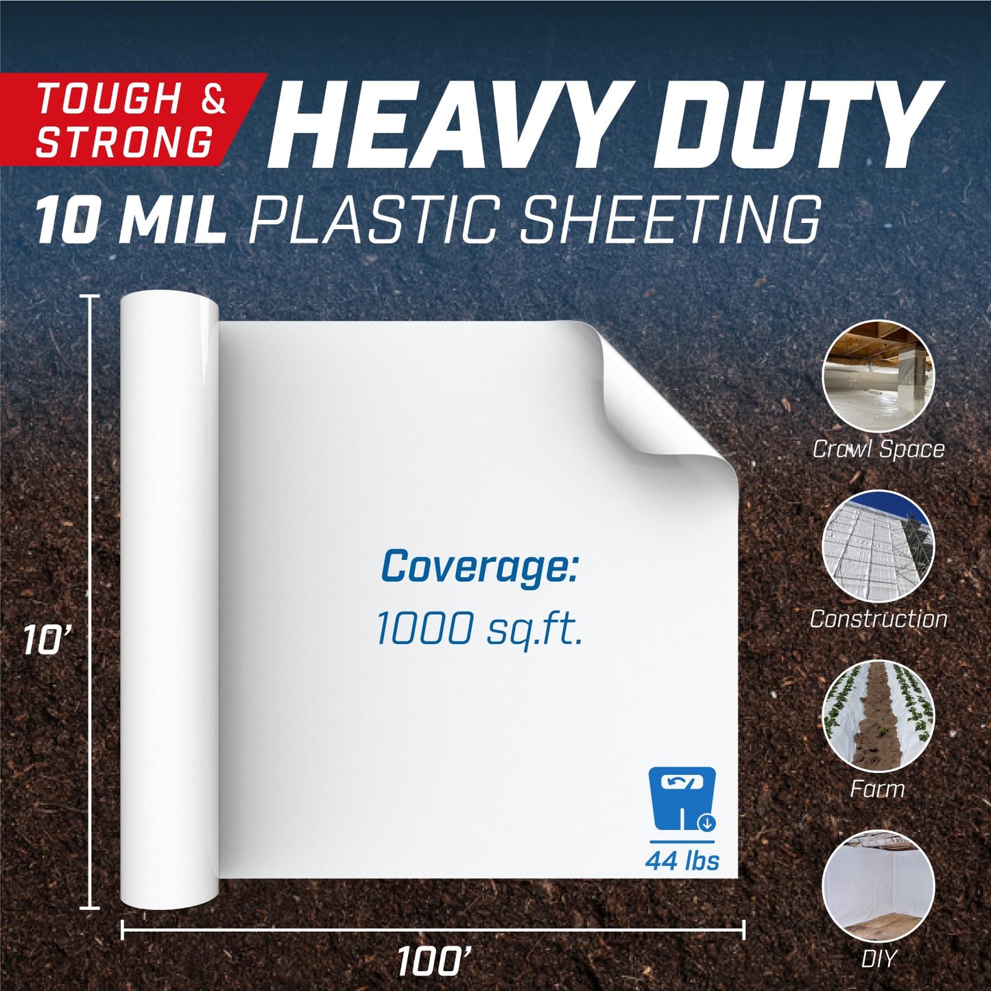 Purteria Crawl Space Vapor Barrier, 10 Mil 10' x 100', White Vapor Barrier, Thick Plastic Sheeting, Heavy Duty Polyethylene Film, Drop Cloth Covering for Crawlspace, Basement