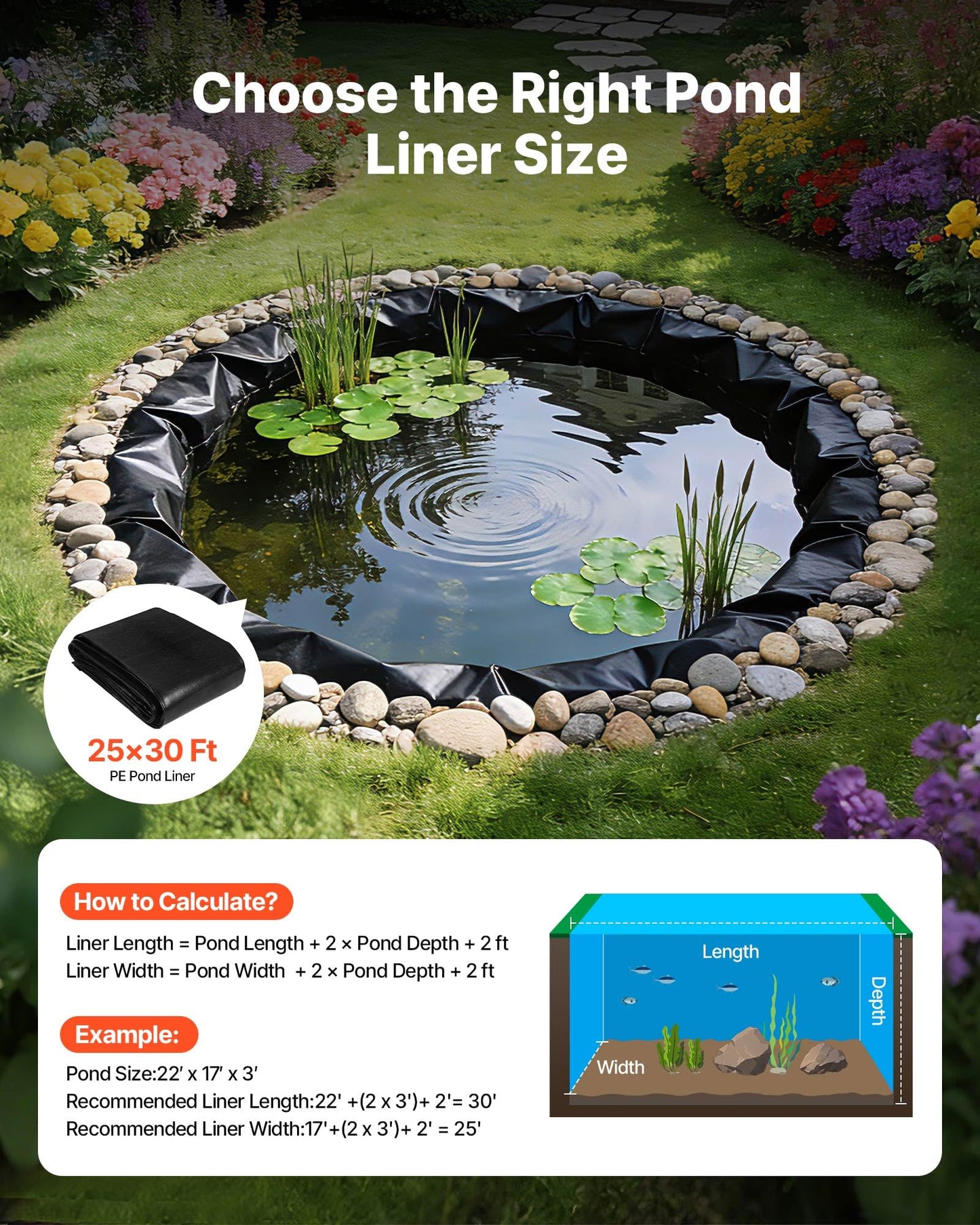 VEVOR 25 x 30 ft Pond Liner, 14 Mil Thickness, 3-Layer Reinforced PE Fish Koi Pond Liner for Outdoor Ponds, with Hemmed Edge and 4 Metal Buttonholes, for Water Garden, Waterfall, and Fountains, Black