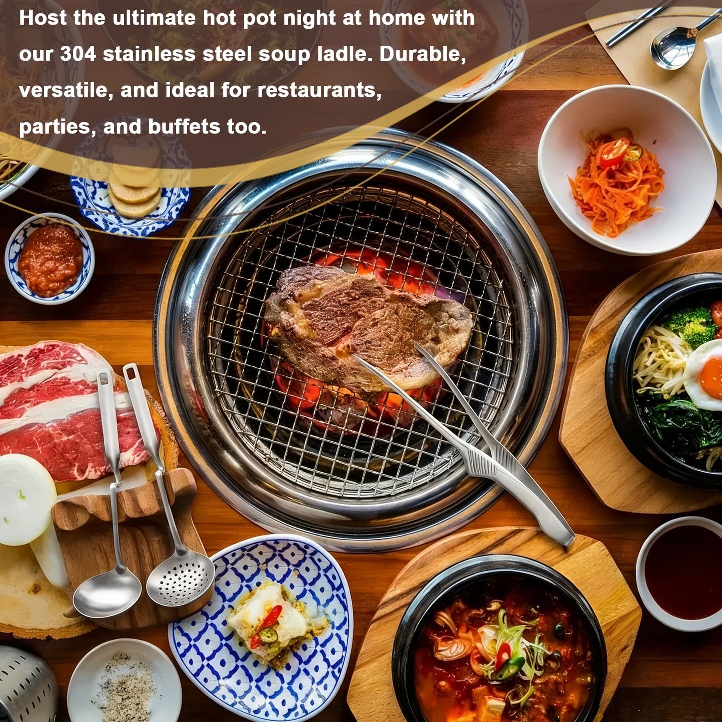 gisgfim 6 PCS Hot Pot Slotted Ladle Set Stainless Steel Soup Ladle BBQ Hotpot Tongs Kit Non Slip Cooking Utensils Stainless Hot Pot Accessories Shabu Shabu Utensils Strainer Set Skimmer Cookware Set
