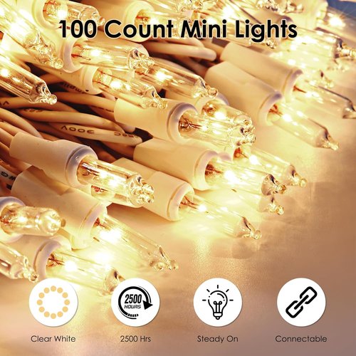 Meteds Christmas Lights - 100 Count Clear Warm White String Lights | UL Certified for Home, Patio & Party Decor