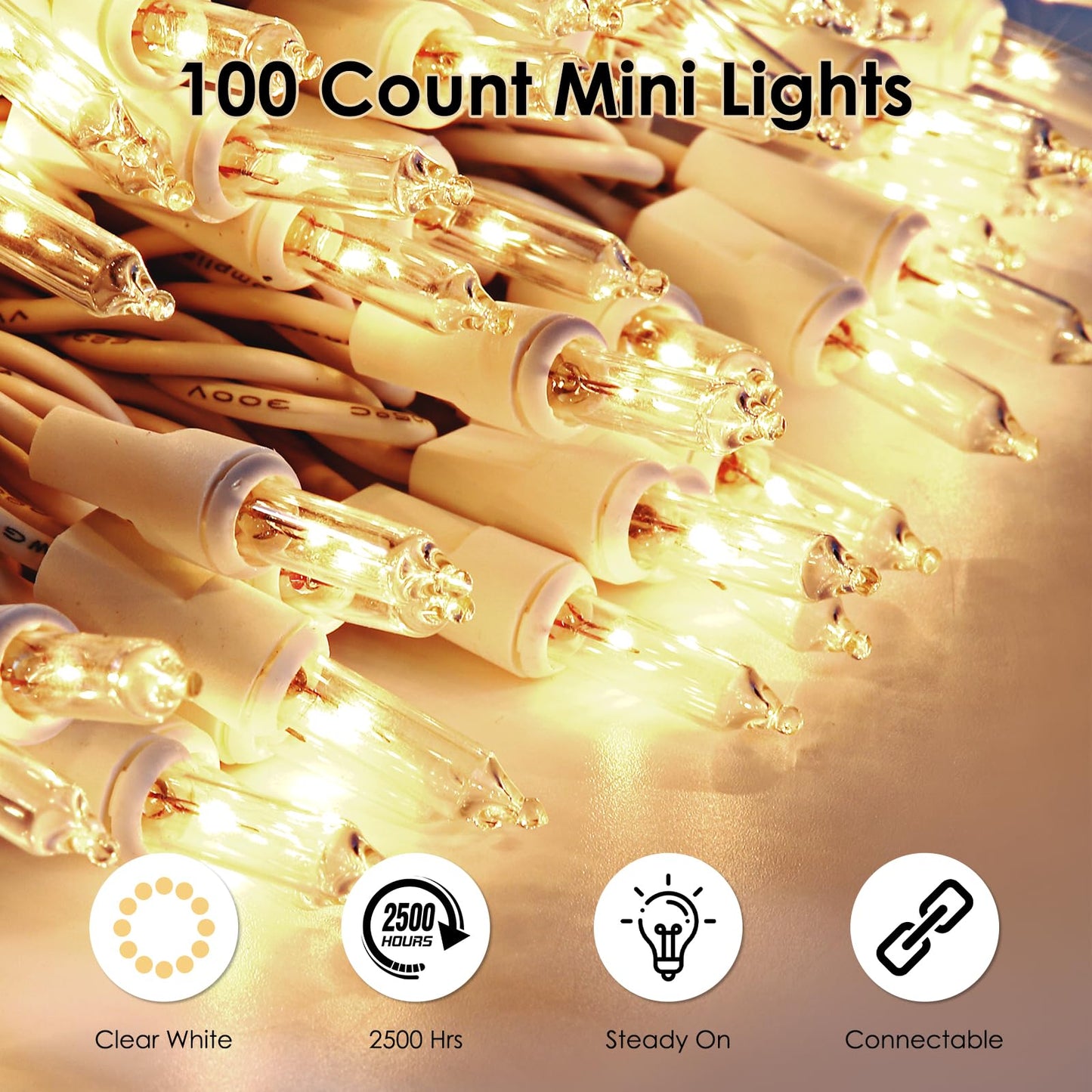 Meteds Christmas Lights 50 Count Connectable Warm White Mini Lights 13Ft UL Certified Plastic White Wire