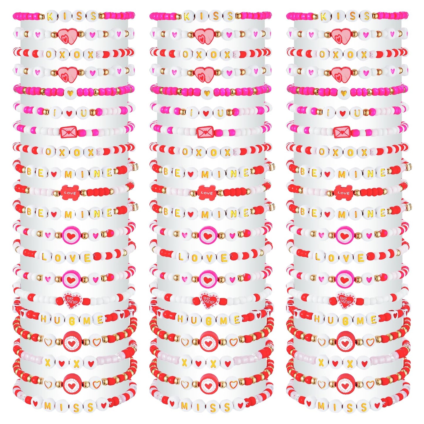 yesaior 60 pcs Valentine's Day Bracelets Bulk Colorful Friendship Adjustable Beaded Bracelets Bulk Women's Clay Surfer Heishi Jewelry for Women Men Gift Party Supplies (Valentine's Day)