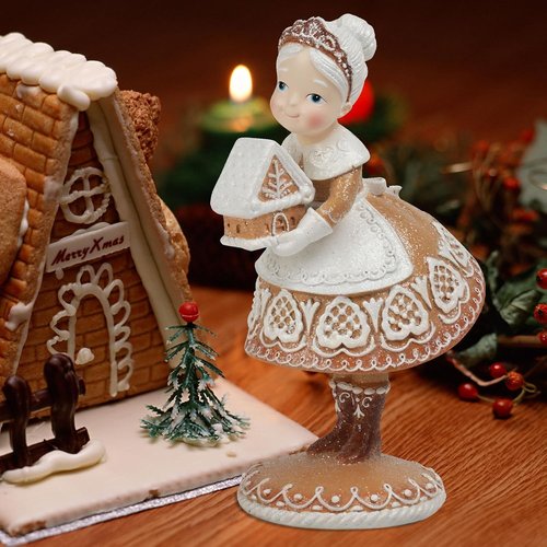 Braxio Christmas Decorations - Resin Mrs. Santa Claus with Gingerbread House | 5.5 x 4.5 x 9 Inch Room Decor