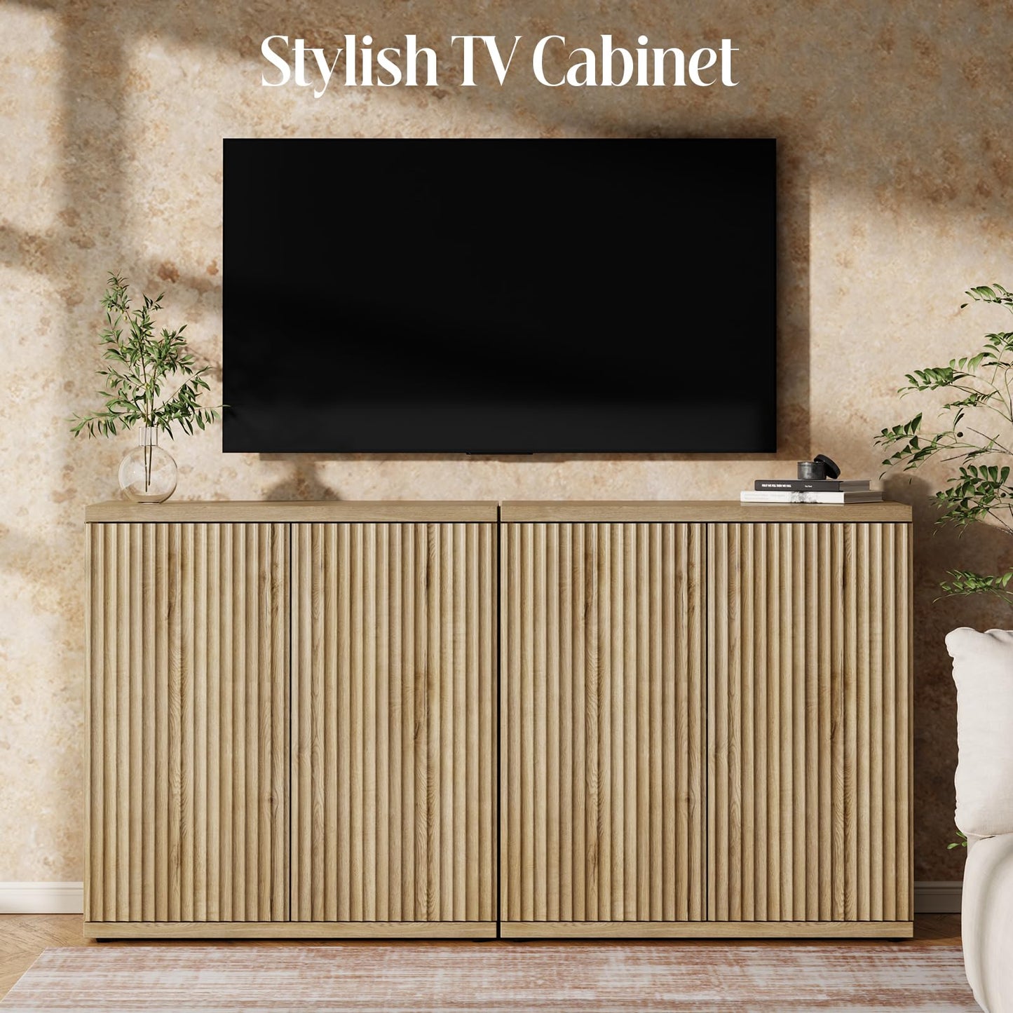 RUMBALUXY Fluted Buffet Cabinet Sideboard with Storage, Wooden Credenza with 2 Doors & Adjustable Shelf, Modern 15" Deep Accent Cabinet for Living Room, Kitchen Dining Room Entryway,Natural Oak