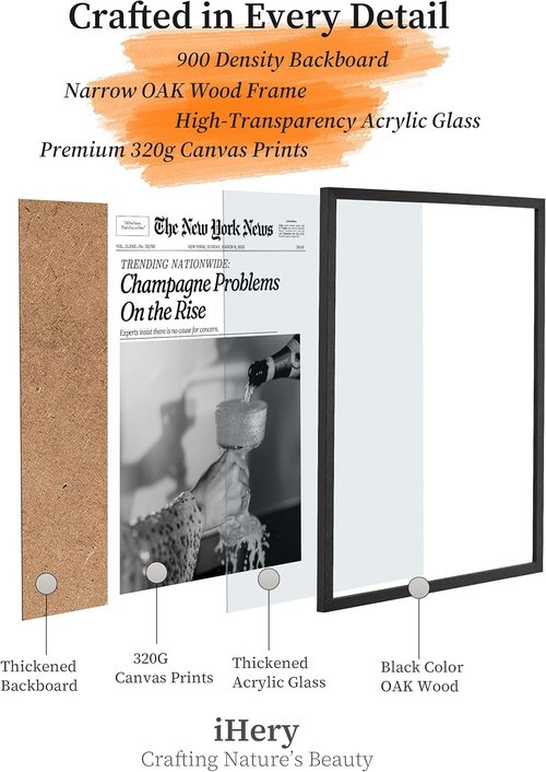 iHery Premium Natural Black Oak Wood Wall Art - Trendy Champagne Problems Newspaper Print | 8x10in Framed Canvas Decor for Dorm & Living Room