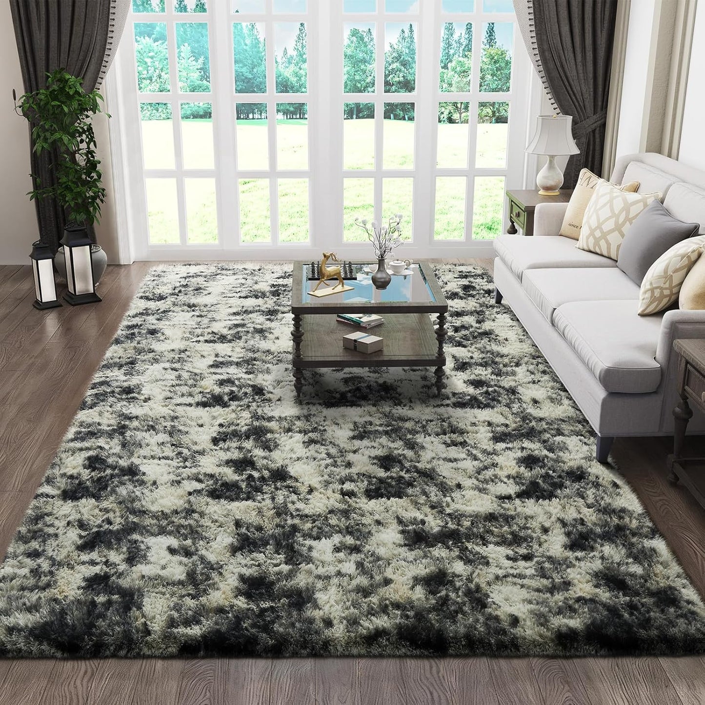 Ophanie Area Rugs - Fluffy Black, Gold & Grey Shag Carpet for Living Room | 5x7 Soft Plush Decor
