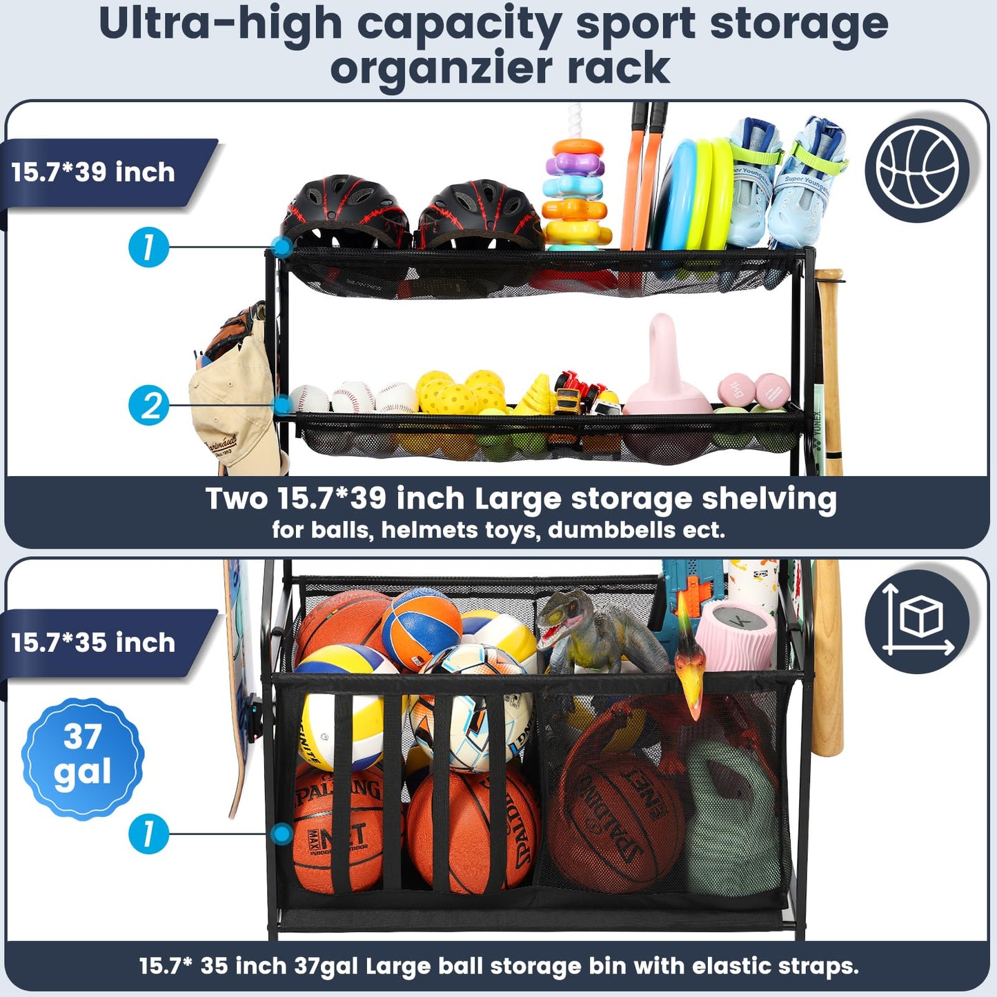 Kinghouse Garage Sports Equipment Organizer, Sports Rack with Hooks, with 37 Gal Ball Storage Bin, Elastic Straps Storage for Basketball, Soccer, Tennis, Stick, Racket, Nerf Gun, Toy, Indoor, Outdoor