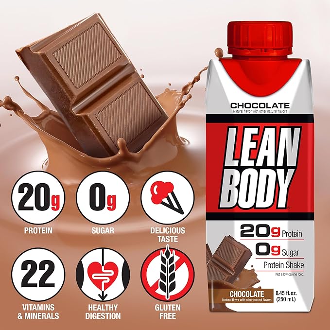 LABRADA NUTRITION - Lean Body RTD Whey Protein Shake, Convenient On-The-Go Meal Replacement Shake for Men & Women, 20 grams of Protein ??Zero Sugar, Lactose & Gluten Free, Chocolate (Pack of 16)