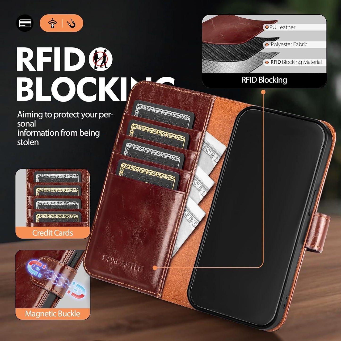 BoxCastle 13 13 6.1,Brown Compatible with iPhone Genuine Leather Case Wallet with Card Holder,Women Men Real Leather