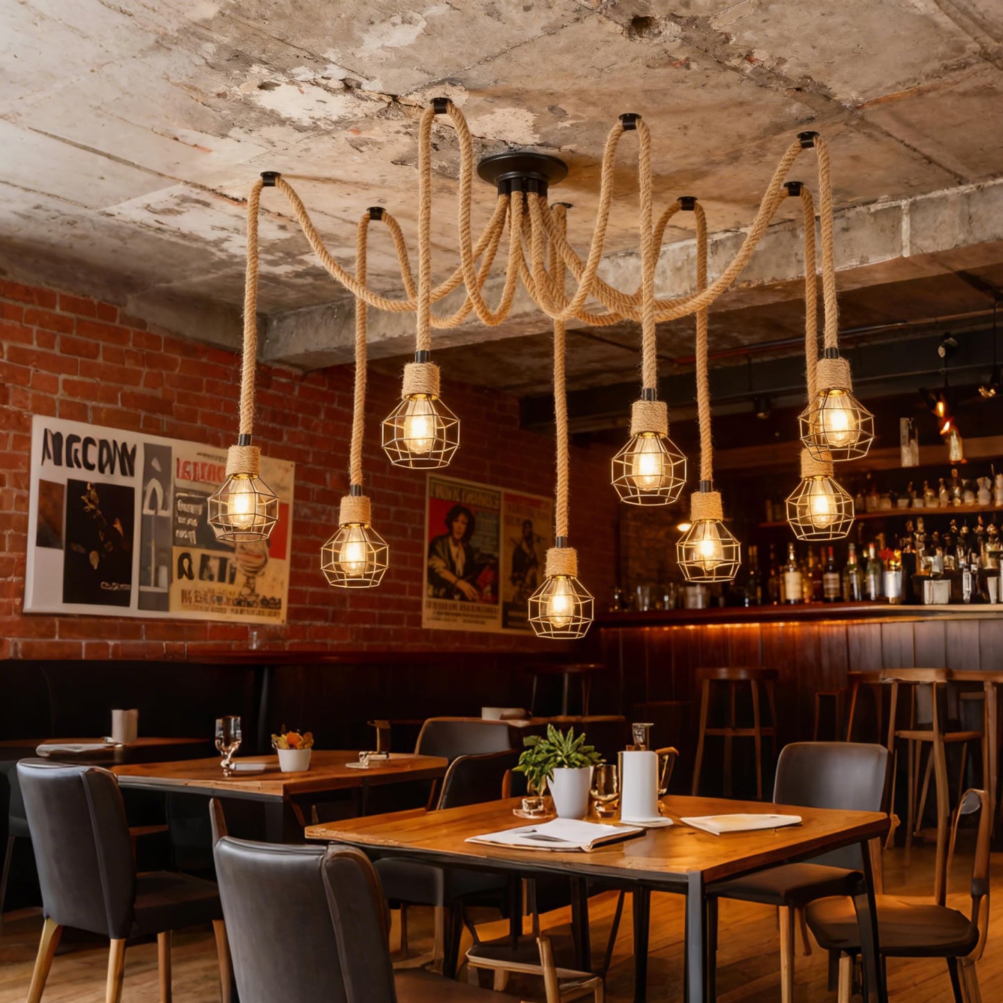 Hodevimall Spider Chandeliers, 8 Arms Industrial Spider Ceiling Light Fixture Hanging Hemp Rope DIY Adjustable 8-Light Steampunk Chandelier for Kitchen Island, Living Room, Entryway, Dining Room, Bar