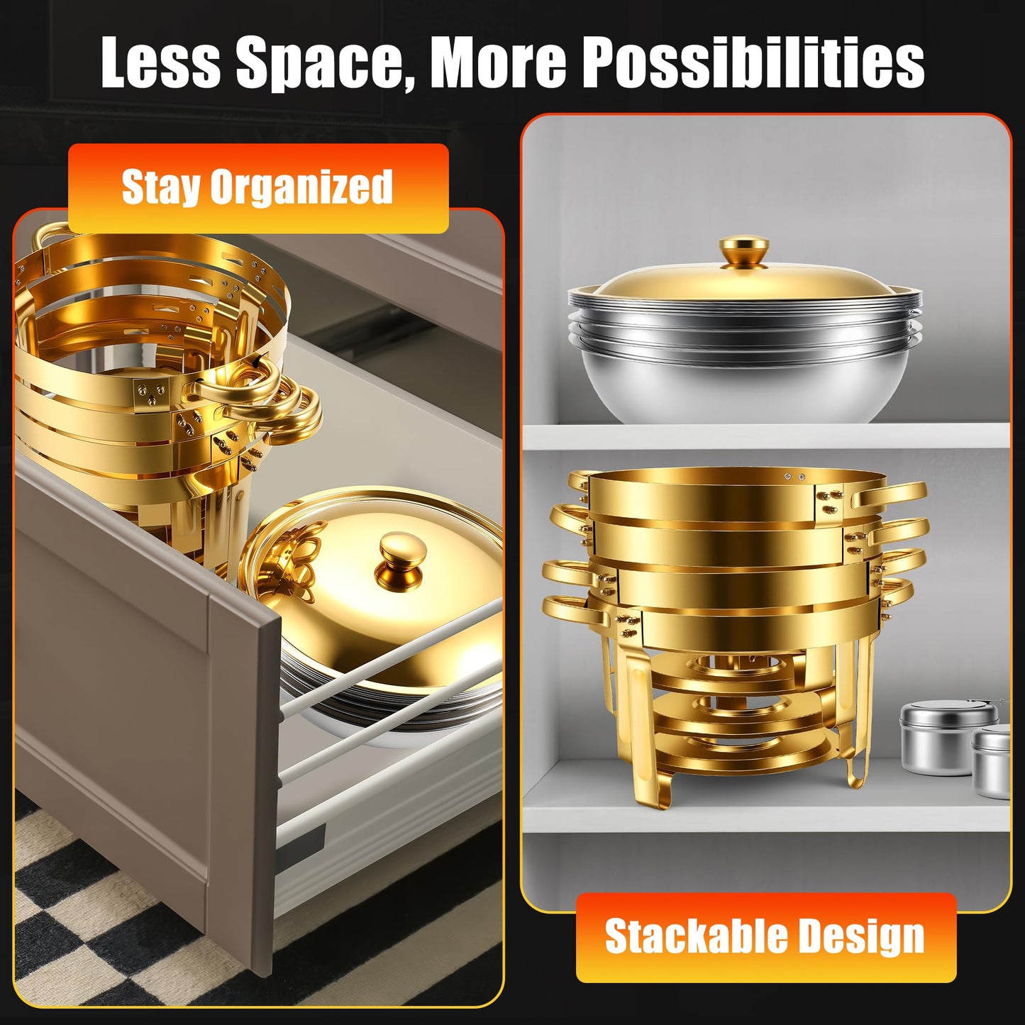 Chafing Dishes Buffet Food Warmer - Parties Servers Trays Catering Dish Warming Display Set - Chafers Keep Warm Serving Tray Round Heating Kit with Burners 4 Set Gold