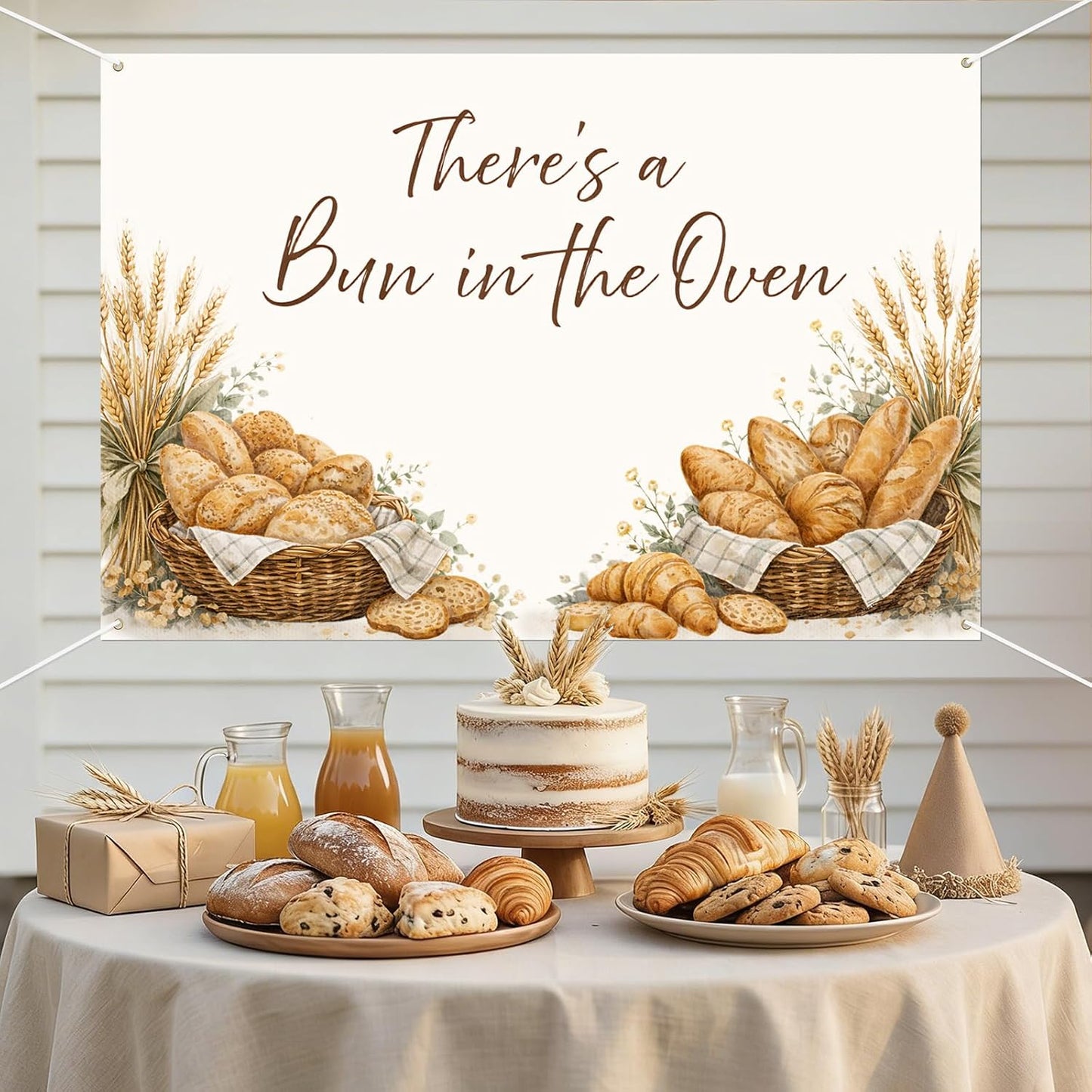 ZestZing 5 3ft There's a Bun in The Oven Backdrop Bun in The Oven Baby Shower Party Decorations Rustic Bakery Bread