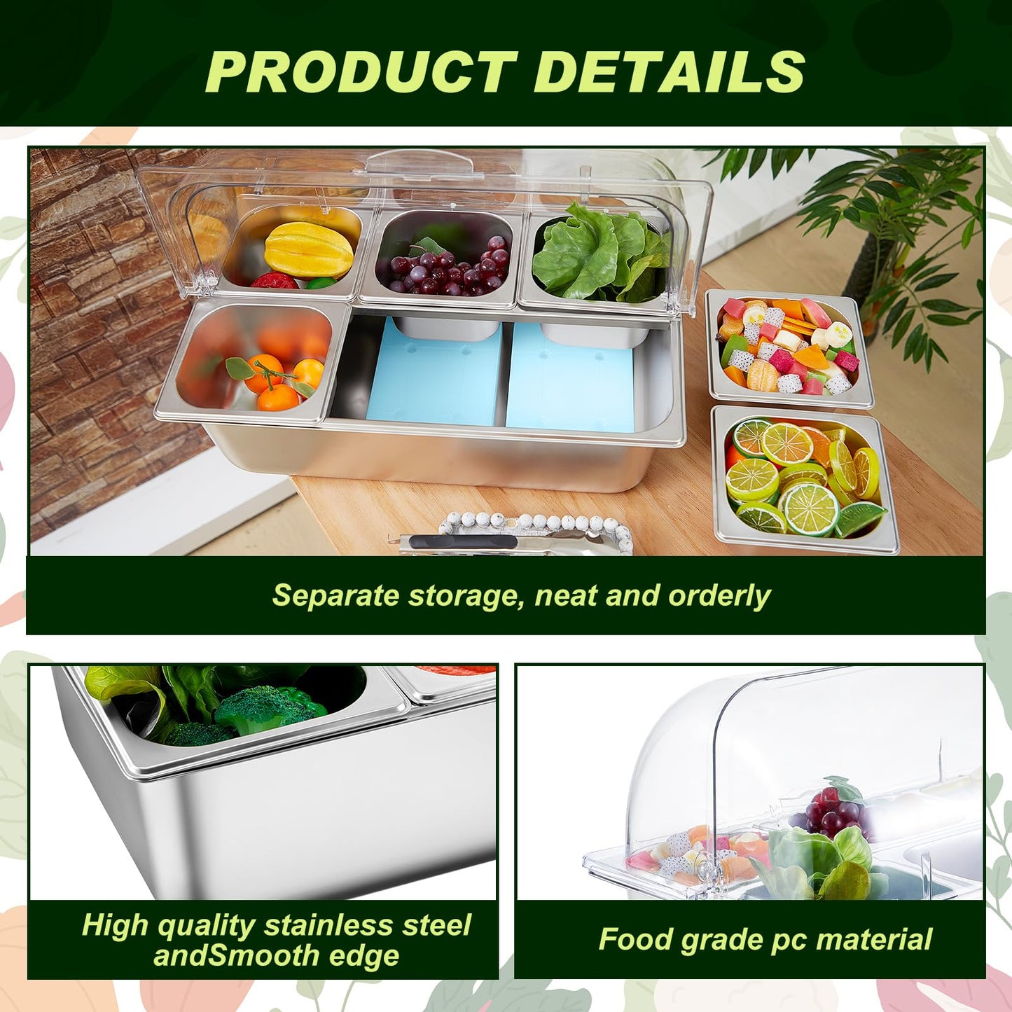 Tessco for you 2 Set Countertop Chiled Ice Food Serving Display Container Stainless Steel Condiment Dispenser with Lid Clamps Spoons Box for Restaurant Kitchen (6 Compartments)