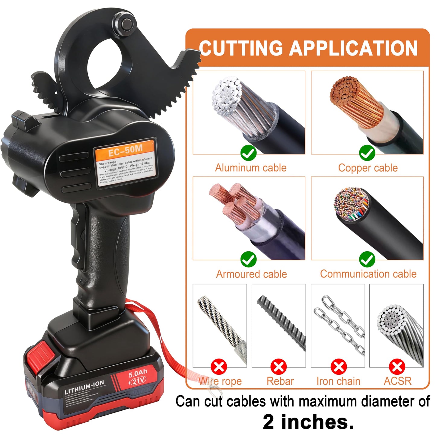 21V Battery Ratcheting Cable Cutters Cordless Heavy Duty Electric Wire Cutters(1000 MCM Copper/1250 MCM Aluminum) Electrical Ratchet Portable Cable Cutter with Comfort Grip Handle, Alloy Steel Blades