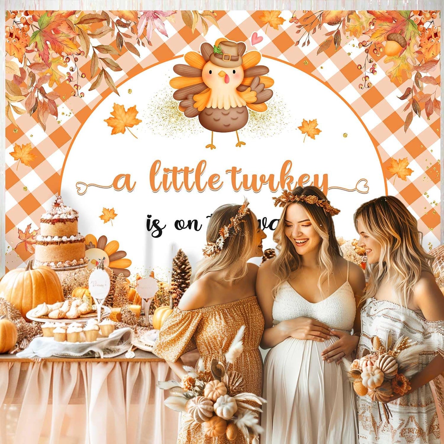 AIBIIN 7x5ft Thanksgiving Baby Shower Backdrop A Little Turkey is On The Way Party Banner Fall Turkey Pumpkin Baby
