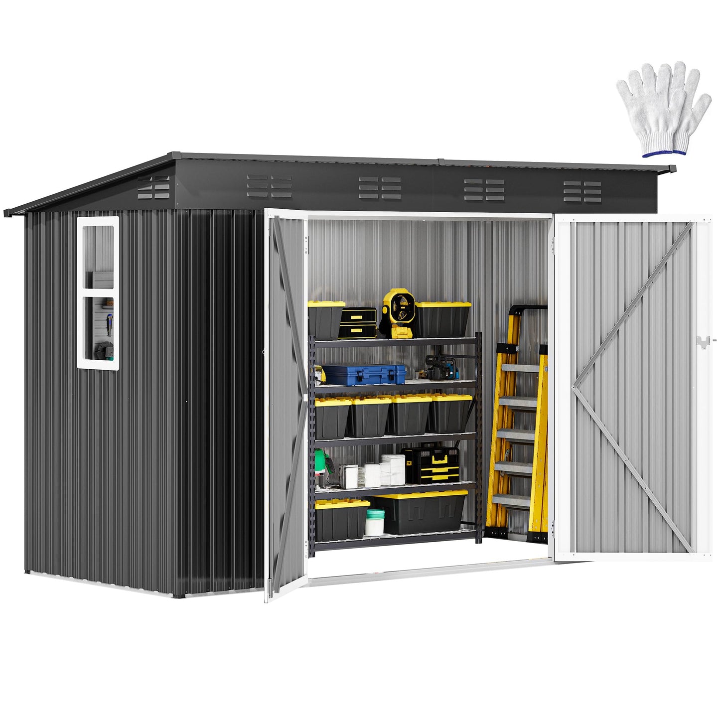 DWVO 8.5x3.5ft Large Tool Storage Shed with Window, Lockable Doors, and Sloped Roof, Oversized Steel Outdoor Storage Shed for Garden, Patio, Garage, Backyard, Lawn - Dark Gray