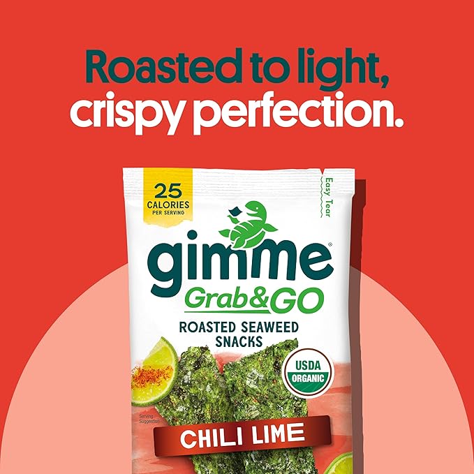 Gimme Seaweed Grab & Go Organic Premium Roasted Seaweed Snacks, Chili Lime, 5 Count Trayless, Keto, Vegan, Gluten-Free, Source of Omega3s, Healthy On-The-Go Snack for Kids & Adults