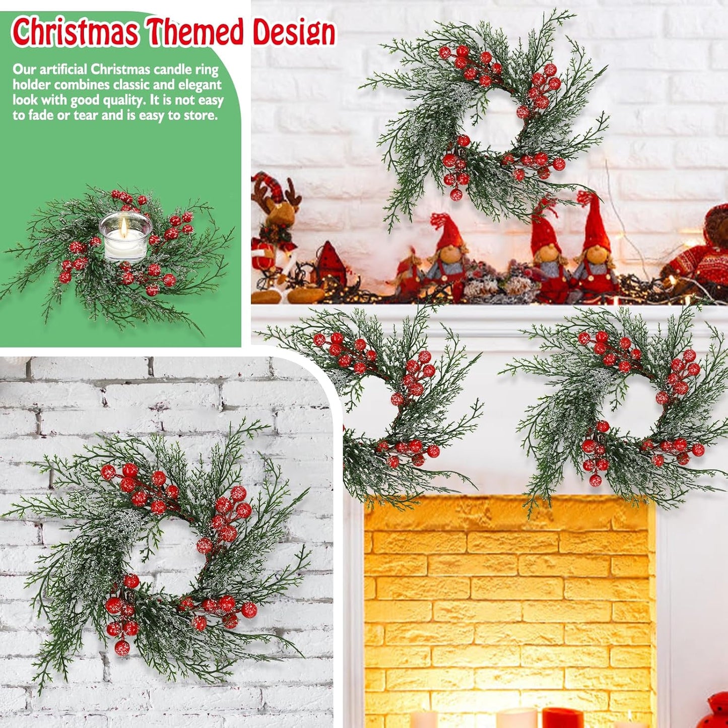 Skiennix Christmas Candle Rings - 6 Pcs Artificial Wreaths with Red Berries & Snowy Pine | Festive Table Centerpiece