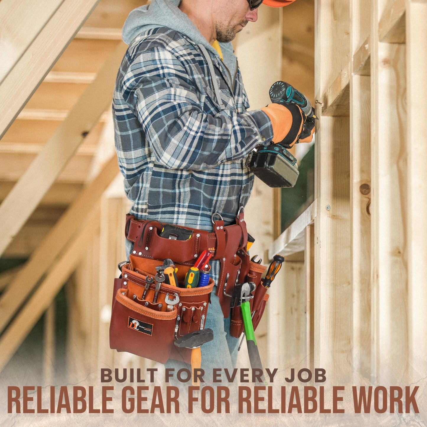 Daisy Leather PRO DL-101 Oil tanned Premium 25 pockets Heavy duty Tool Belt, Carpenter belt Pouch for Construction, Carpenter, Craftsman and Electricians workers, Black, X-Large (Cherry Leather)
