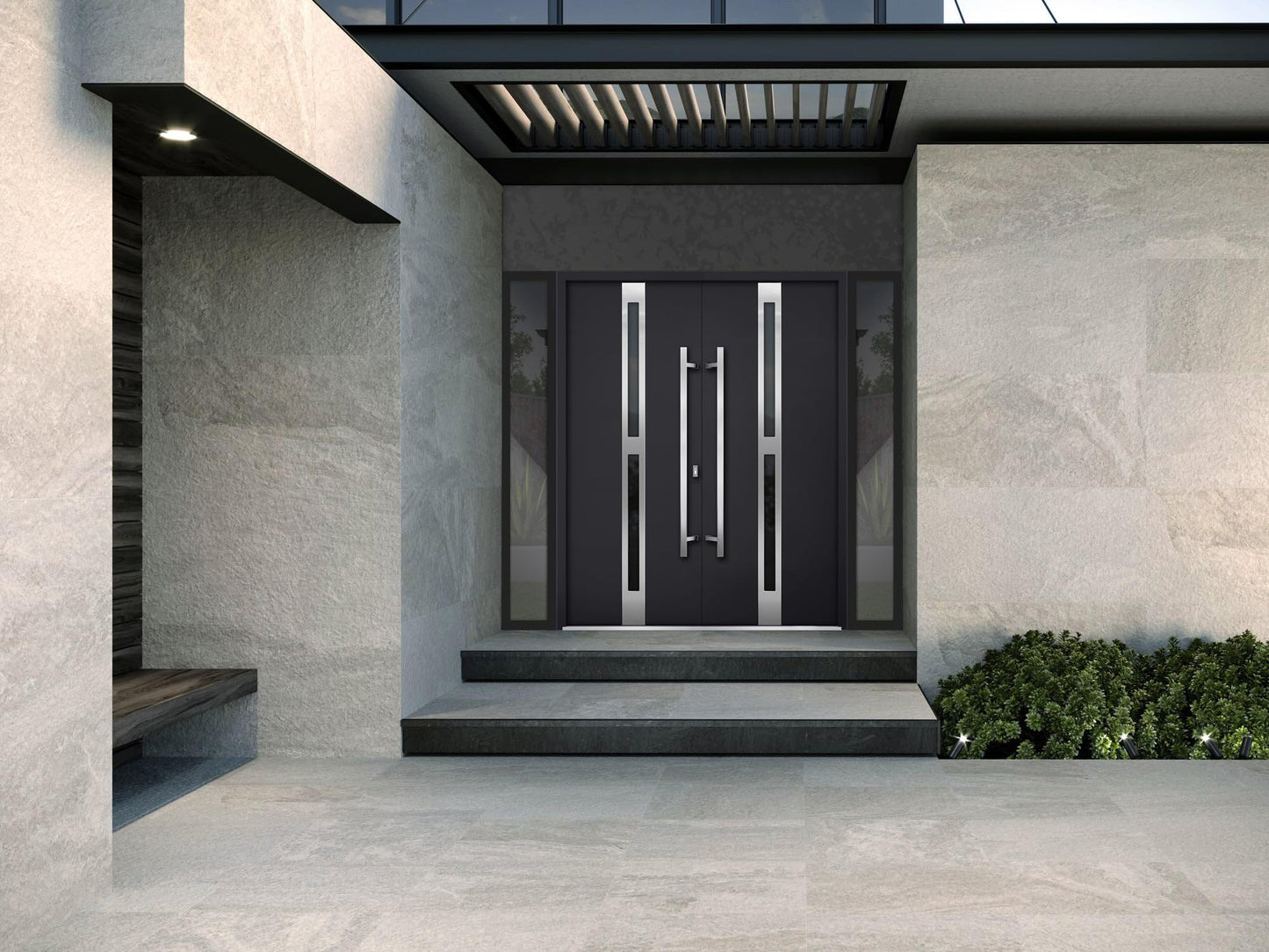 VDOMDOORS Front Exterior Prehung Metal Double Doors/Deux 1755 Black Enamel Tinted Black Glass / 2 Sidelites Exterior Windows/Entry Modern Painted Right Inswing Active Door 104" x 80"