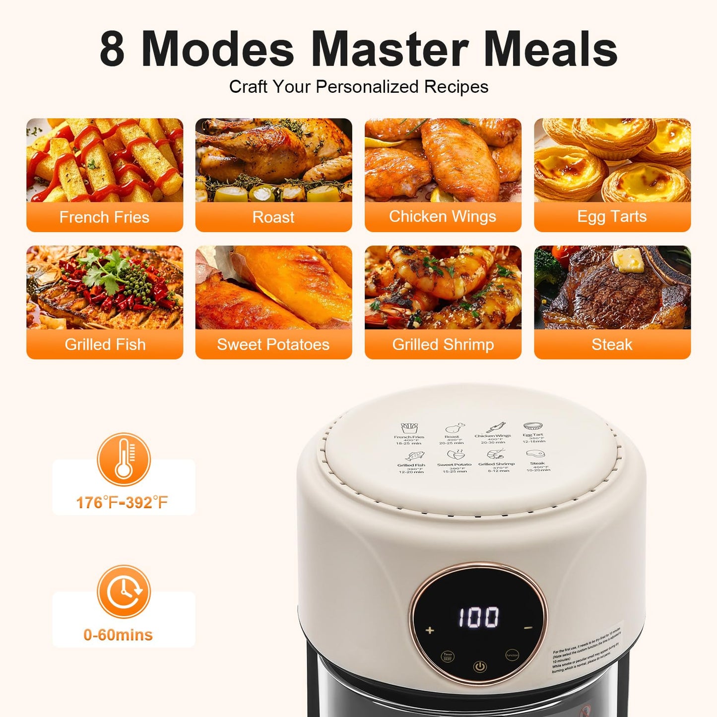 360° Viewable Air Fryer, 4.44 Qt Transparent Glass Air Fryer with 8 Preset Modes, 1200W Adjustable Temp 176°F-392°F Cooker with Digital Display for Home Kitchens & Restaurants