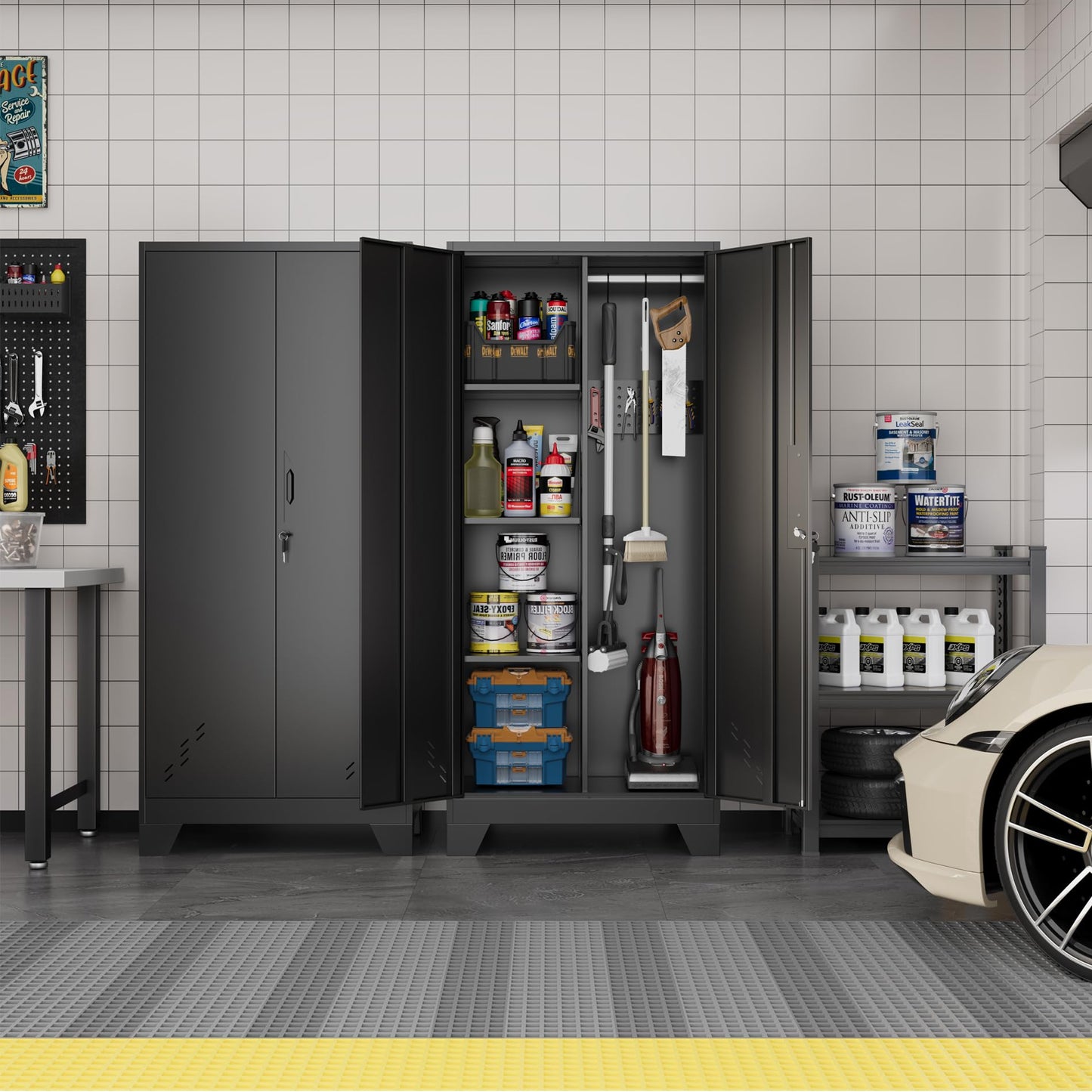 OSEILLC Metal Storage Cabinet with Locking Doors, 61" Tall Garage with Hanging Rod, Broom Closet, Freestanding Bathroom Storage Cabinet, Cleaning Tool,Utility Cabinets for Storage Locker,Black